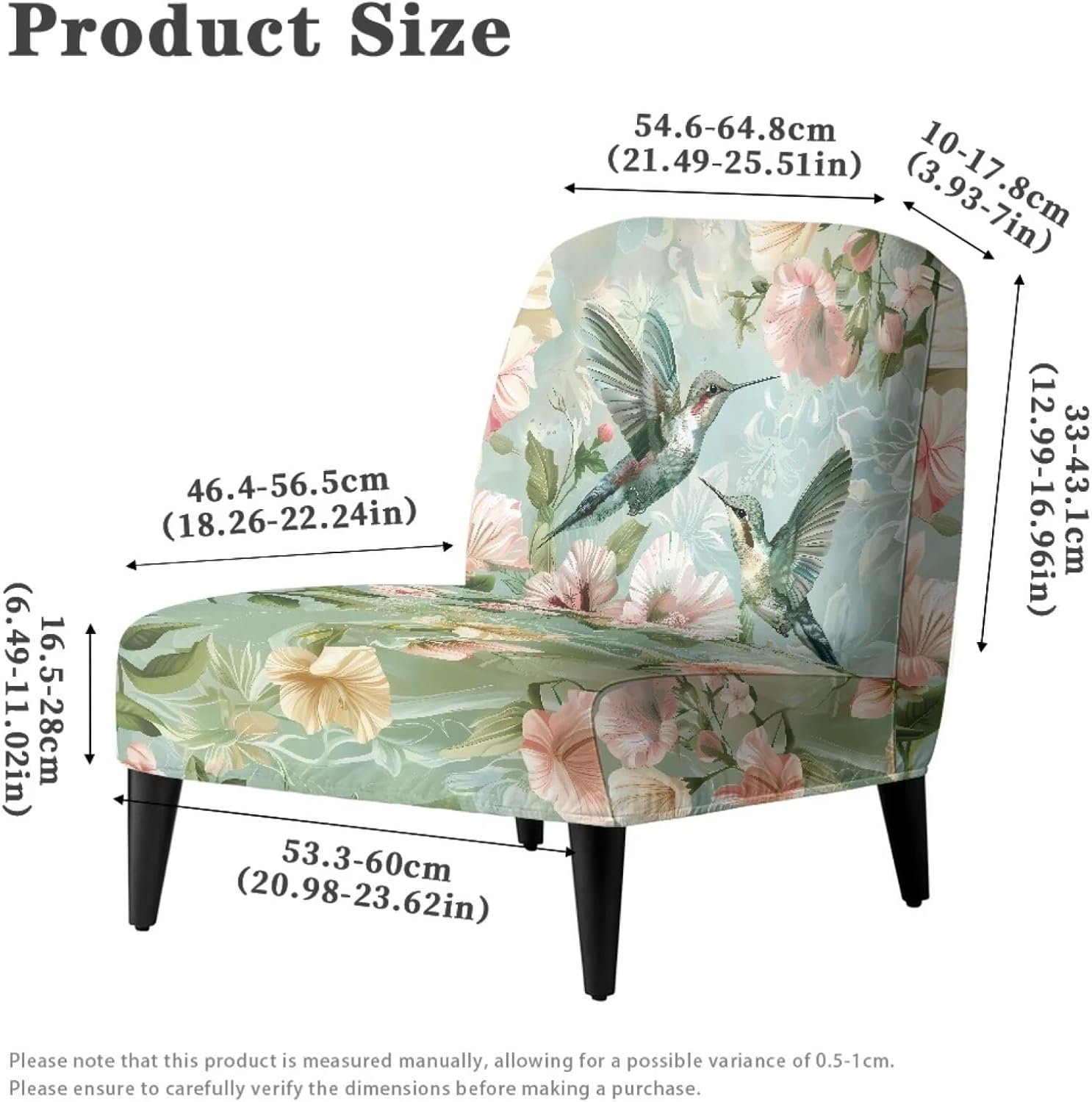 Floral Accent Chair Covers Without Arms Hummingbird Armless Chair Slipcover 1 Piece Single Sofa Chair Cover Armless Thick Armless Recliner Sofa Cover for Living Dining Room