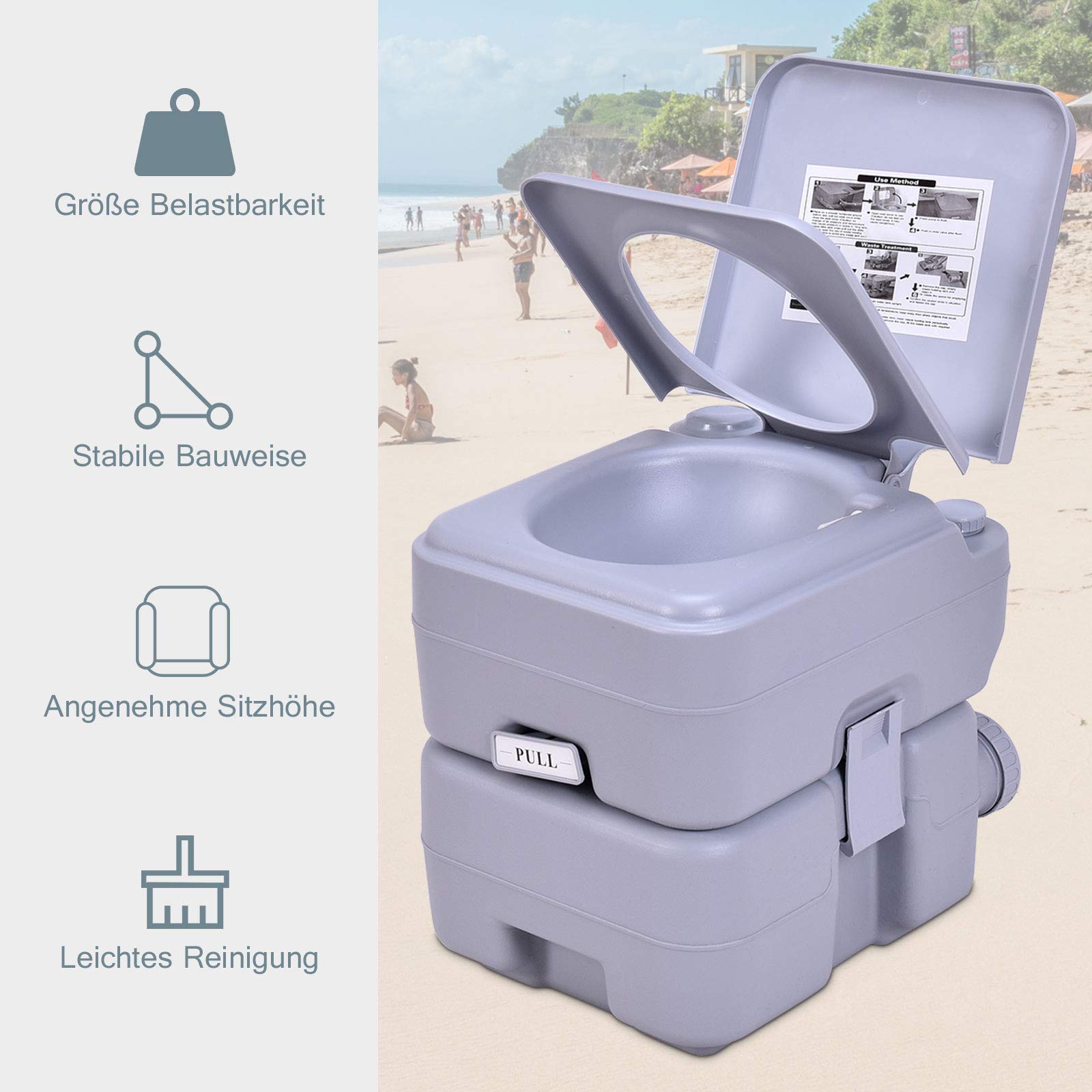 RELAX4LIFE Campingtoilette mobil, tragbare Toilette, mobiles WC Abnehmbarer Wassertank 20 L, Campingklo Bequeme Sitzhöhe 42 cm, Reisetoilette mit Pumpe, Outdoor WC für Reisen, Camping und Wohnmobil