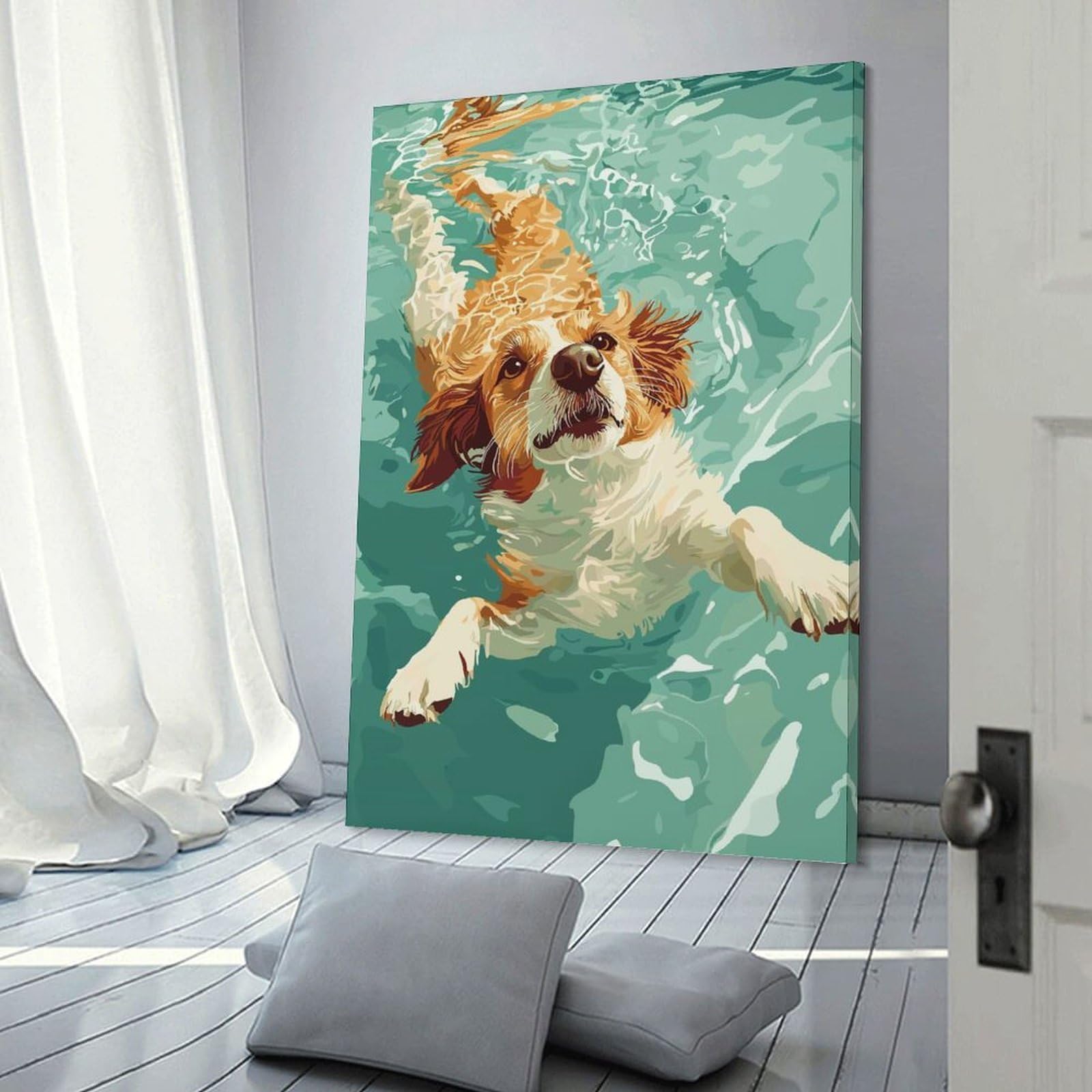 Junmoney Dog Swimming in Turquoise Water Canvas Wall Decor 24x36inch(60x90cm), for Calm Bedrooms, Home Corners Or Flats, A Warm Accent for Relaxed Interiors