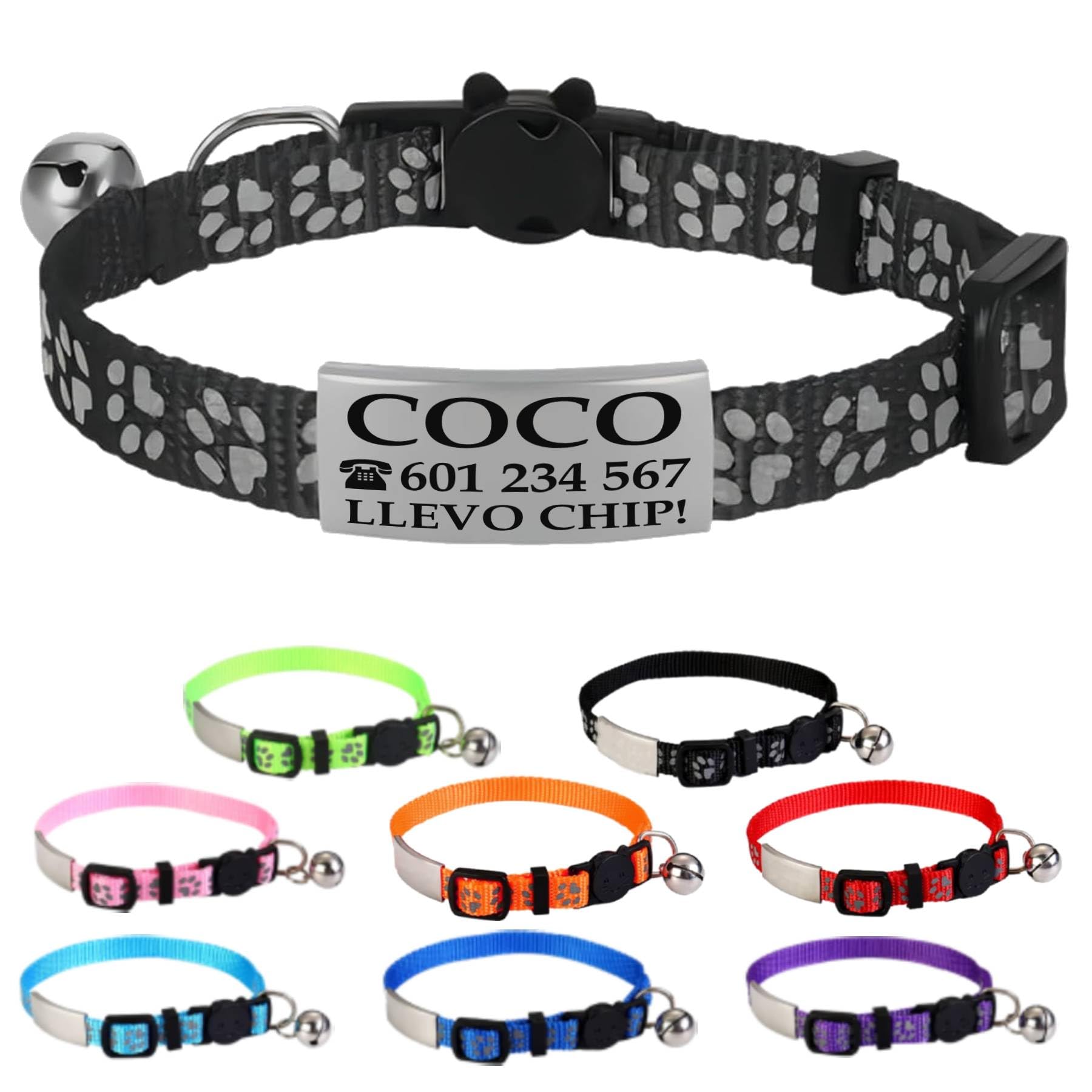 Collar Gato Personalizado Antiahogo y Reflectante, Ajustable De 22 a 30 cm, Grabado Con Nombre, Para Gatos De Todos Los Tamaños, Sin Cascabel (Negro)