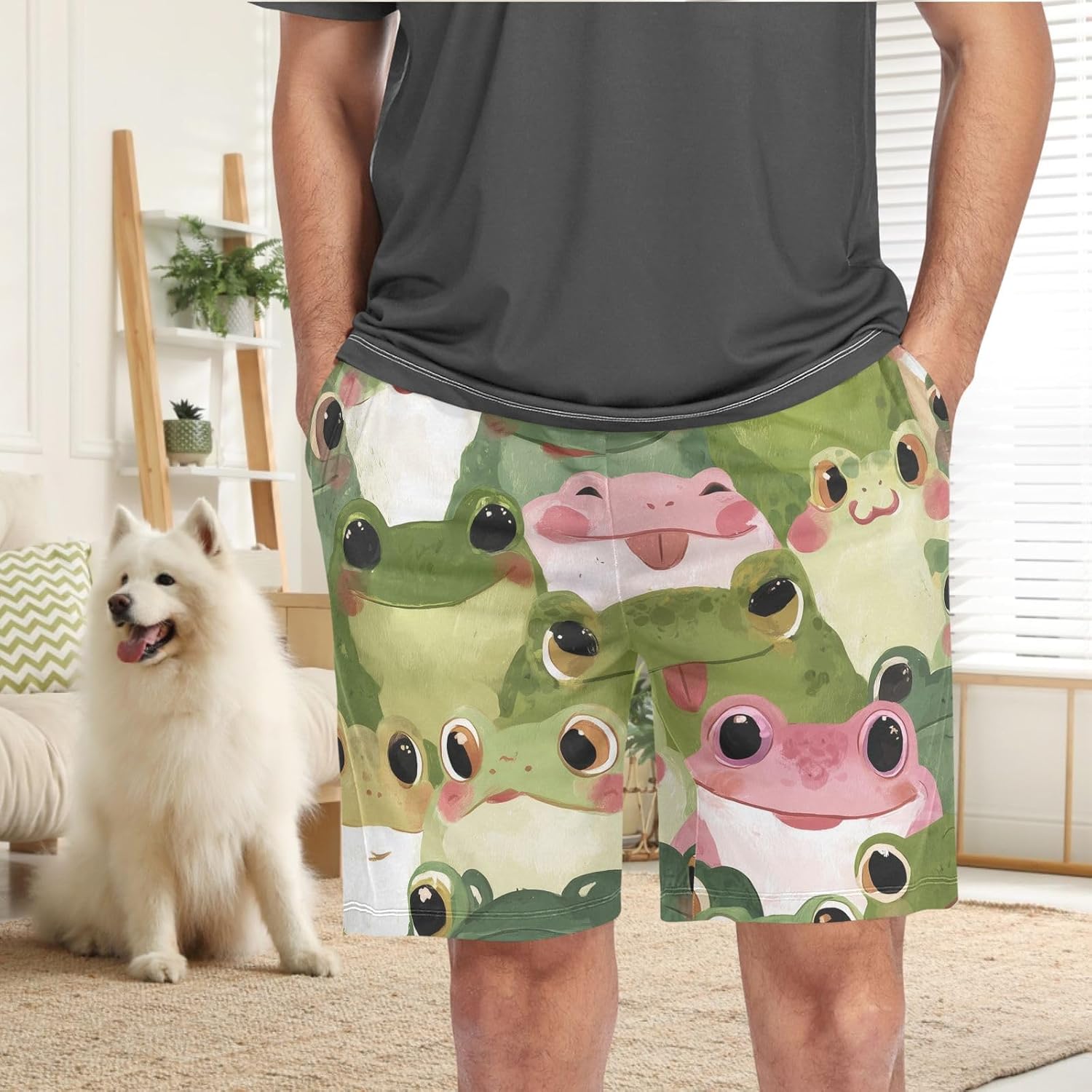 visesunny Men's Pajama Shorts Summer Funny Watercolor Frog Soft Sleep Shorts for Men Pjs Bottoms Pants with Pockets S-XXL