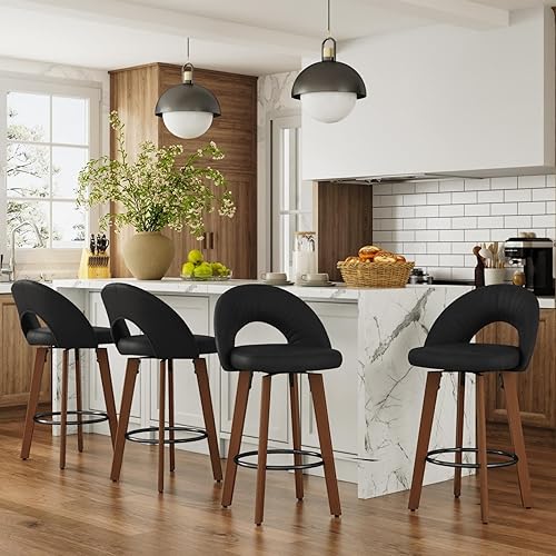 Miniatura 7 de Juego de 2 taburetes de bar giratorios de altura de mostrador con patas de madera curvada, reposapiés de metal, modernos de mediados de siglo