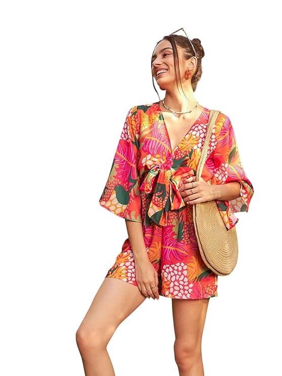 SASSAFRAS Women’s 3/4th Sleeves Floral Front Tie Knot Romper – Resort Wear Playsuit