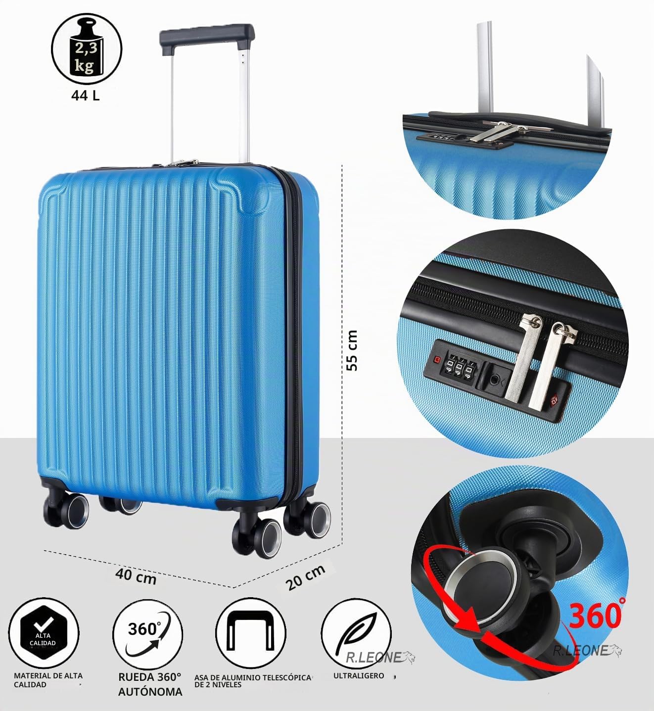 R.Leone Ryanair Maleta Cabina 55x40x20 cm - Maletas de Viaje Cabina - Trolley pequeño Equipaje de Mano, Carcasa Dura, Ultraligera de ABS 4 Ruedas Giratorias