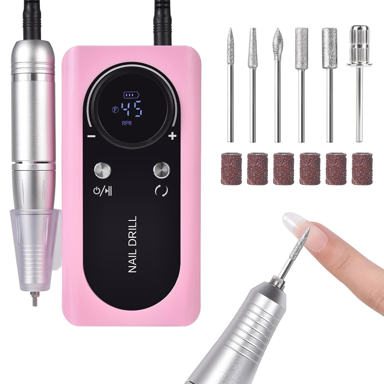 Electric Nail Drill Machine 45000RPM Professional Cordless Rechargeable Portable Nail File Removing Polishing Acrylic Gel Nails with 6 Drill Bits & Sanding Bands, for Nail Salon Home, White