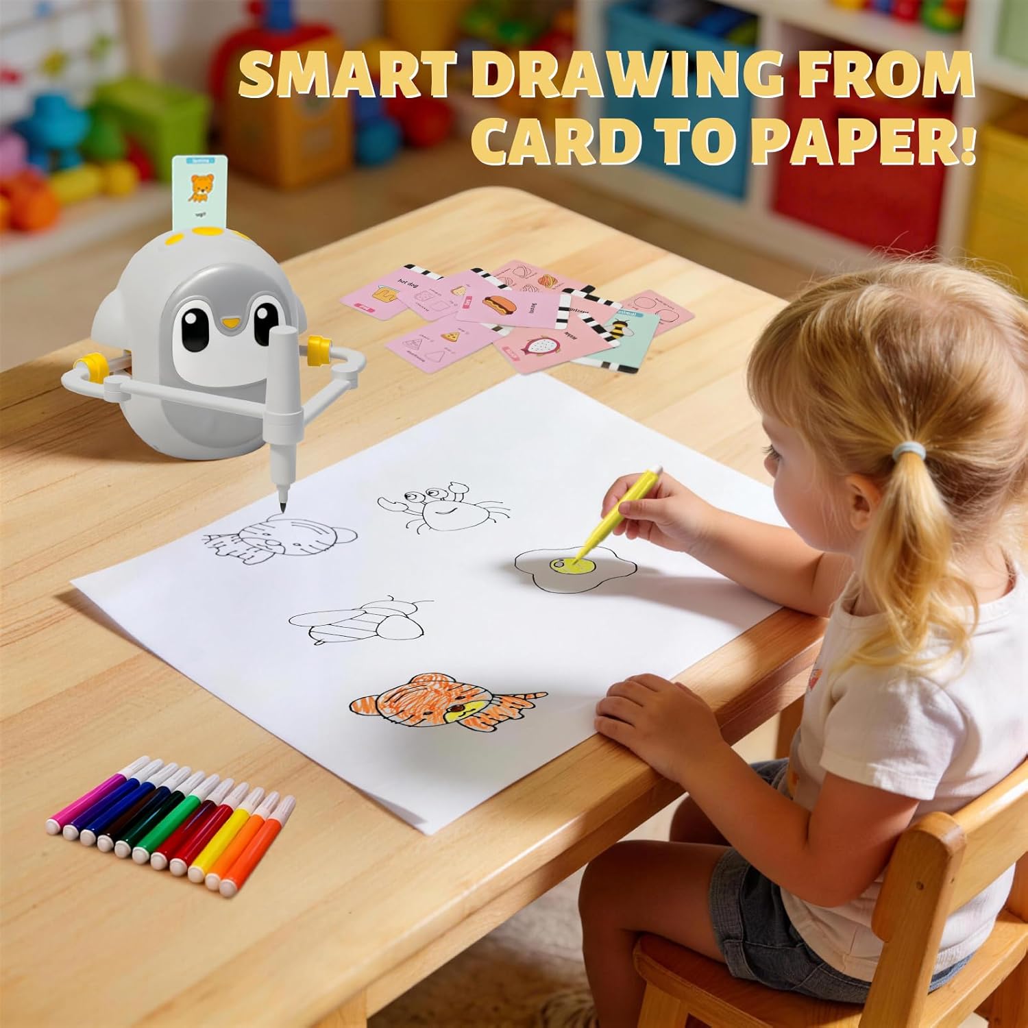 Drawing Robot for Kids with 200 Cards, Voice Interactive Drawing Machine, Easy Learn to Draw Toy, Montessori Educational Gift for 3-8 Year Old Boys Girls, Perfect Birthday Party Present