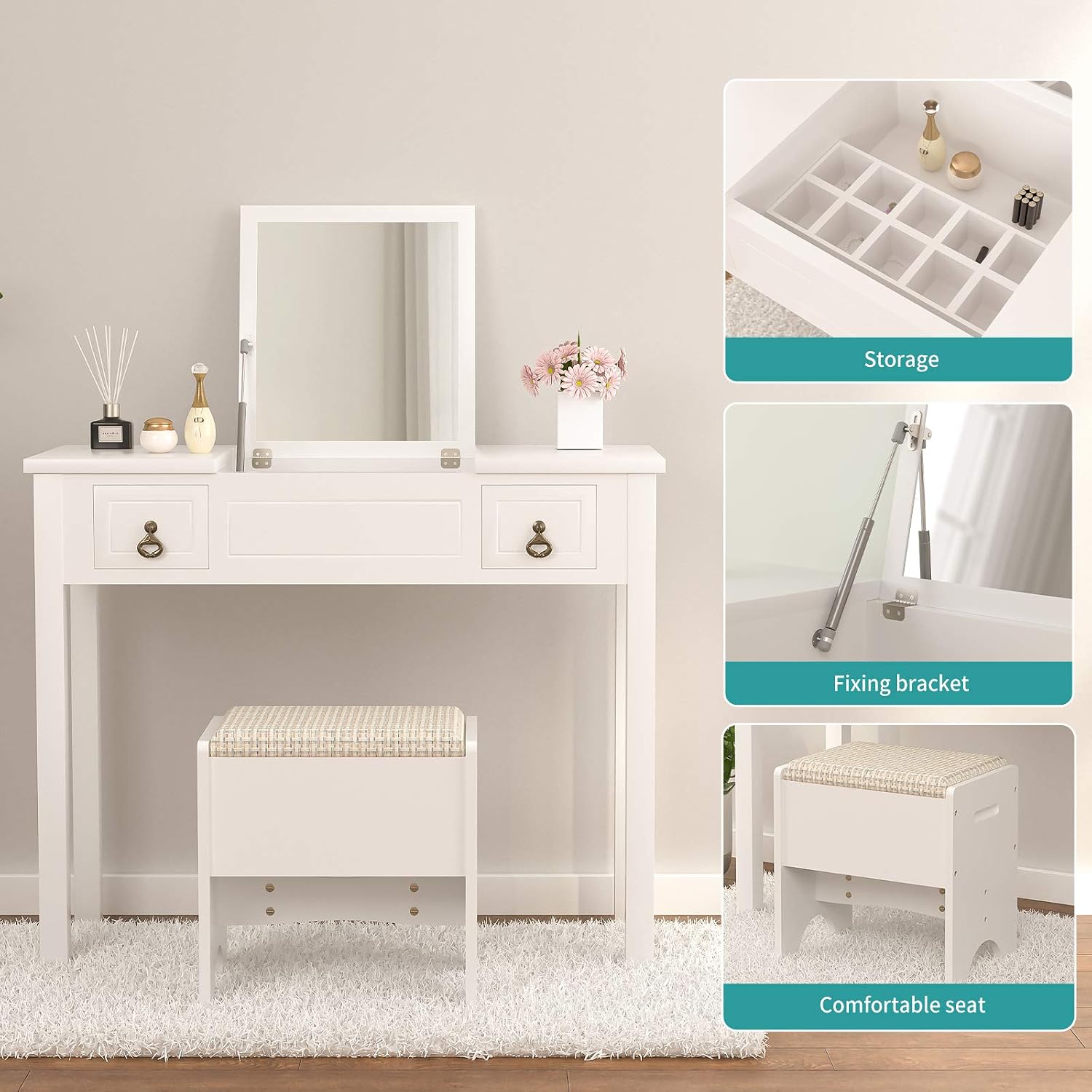 mecor Makeup Vanity with Flip Top Mirror,Vanity Table Set/Cushioned Stool &2 Drawers,3 Removable Organizers Writing Desk Bedroom Bathroom Furniture Kids Girls Women Bedroom Furniture (White)