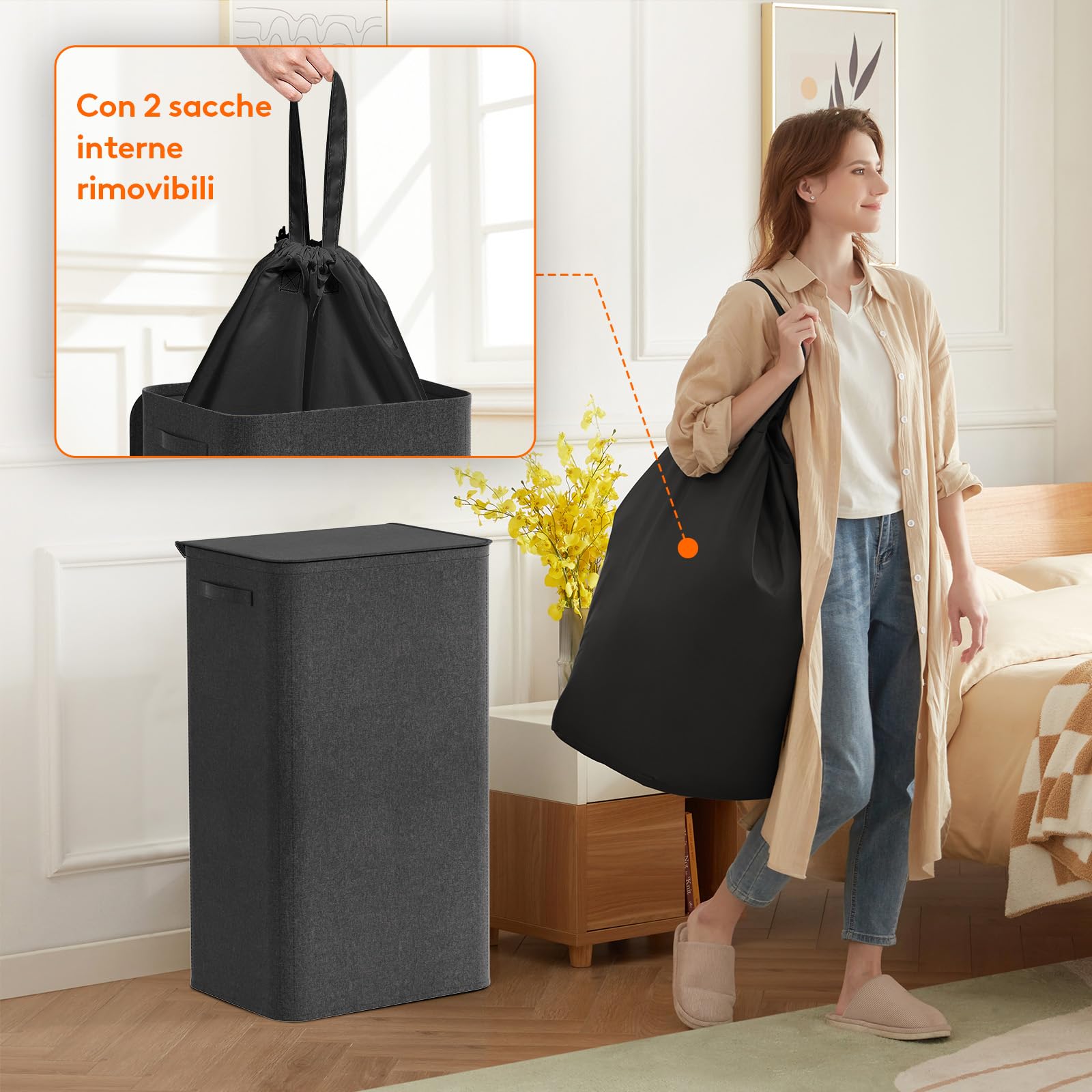 Lifewit Cesta Portabiancheria Salvaspazio con Coperchio 100L, Cesto Portabiancheria con Borsa Rimovibile, Portabiancheria Sporca Pieghevole per Camera da Letto, Bagno, Lavanderia, Nero