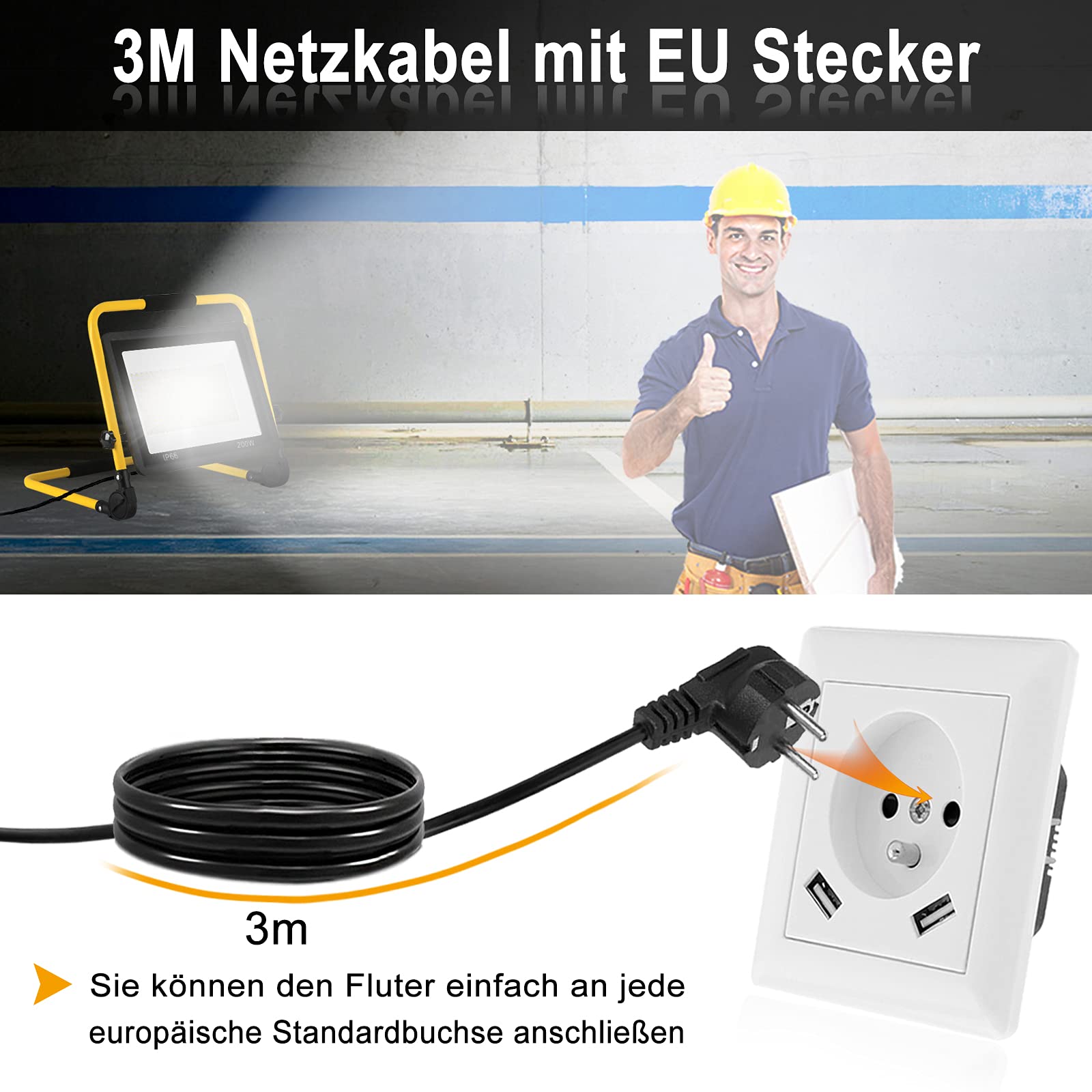 ACXIN Reflektor budowlany LED, lampa robocza LED do dekoracji wnętrz, placu budowy, warsztatu, ogrodu lub garażu, wodoszczelność IP66, ciepła biel, 200 W, 16000 lm