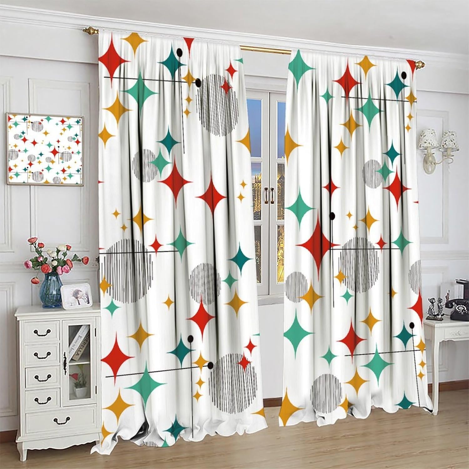 Mid Century Curtains, Modern Retro Red Green Colors Pattern Blackout Rod Pocket Window Drapes for Living Room Bedroom Kitchen Bathroom Home Decor, 63x63 Inch 2 Panels