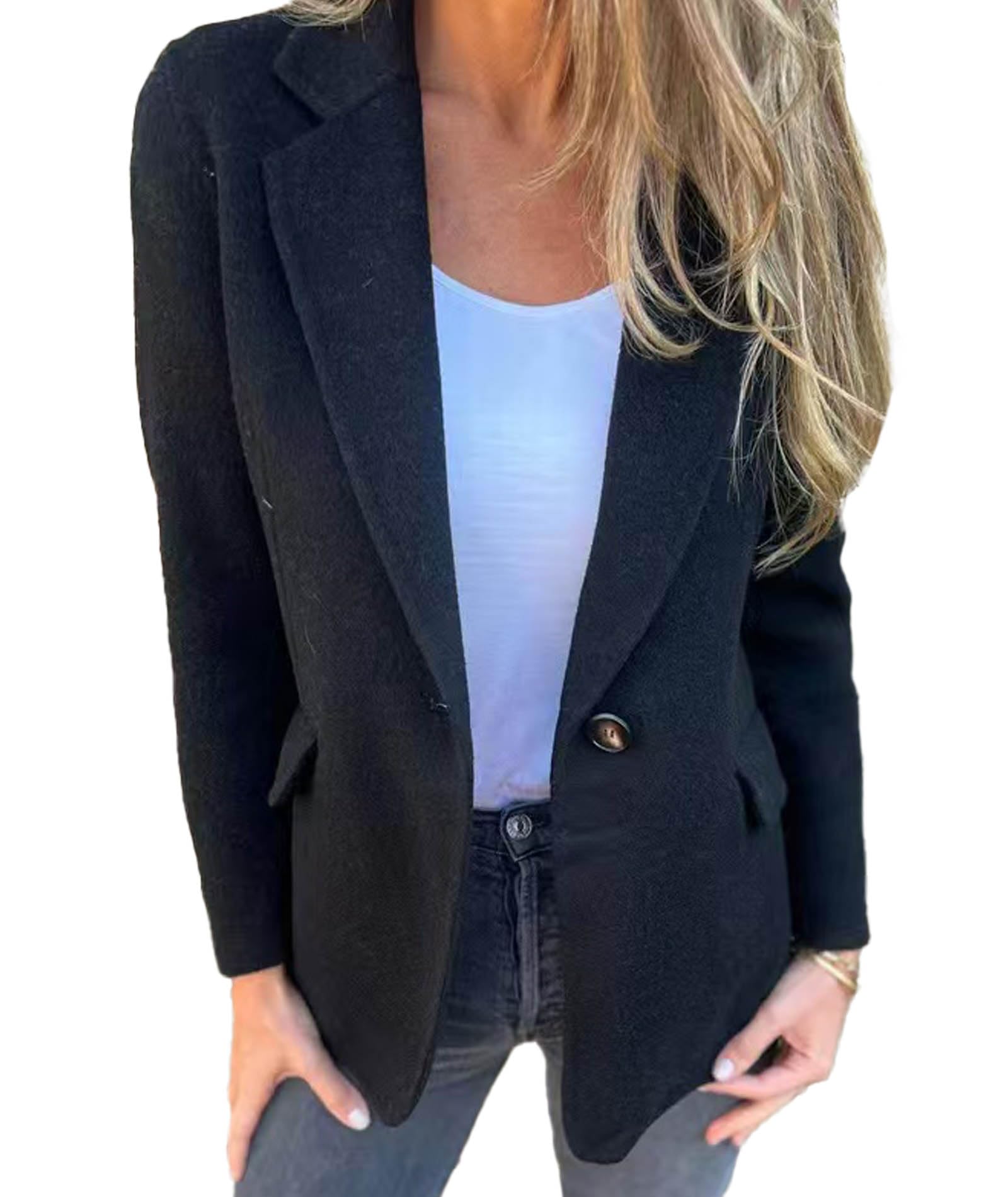 Sexyshine Womens Notch Lapel Single Button Wool Blend Blazer Casual Open Front Business Work Jacket Pea Coat