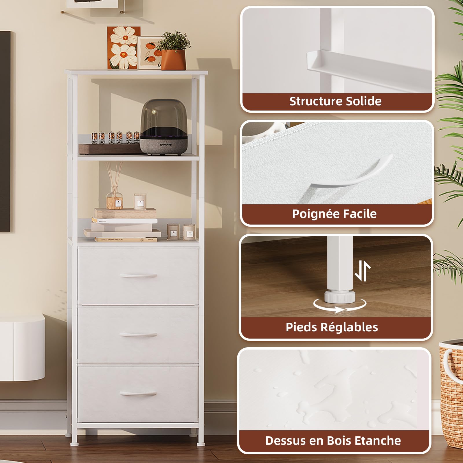 Somdot Commode Chambre, Commode Haute avec 3 Tiroirs en Tissu et Cadre en Acier, Meuble de Rangement pour Salon, Chambre, Bureau, Couloir Entrée, 30P x 42l x 115H, Blanc