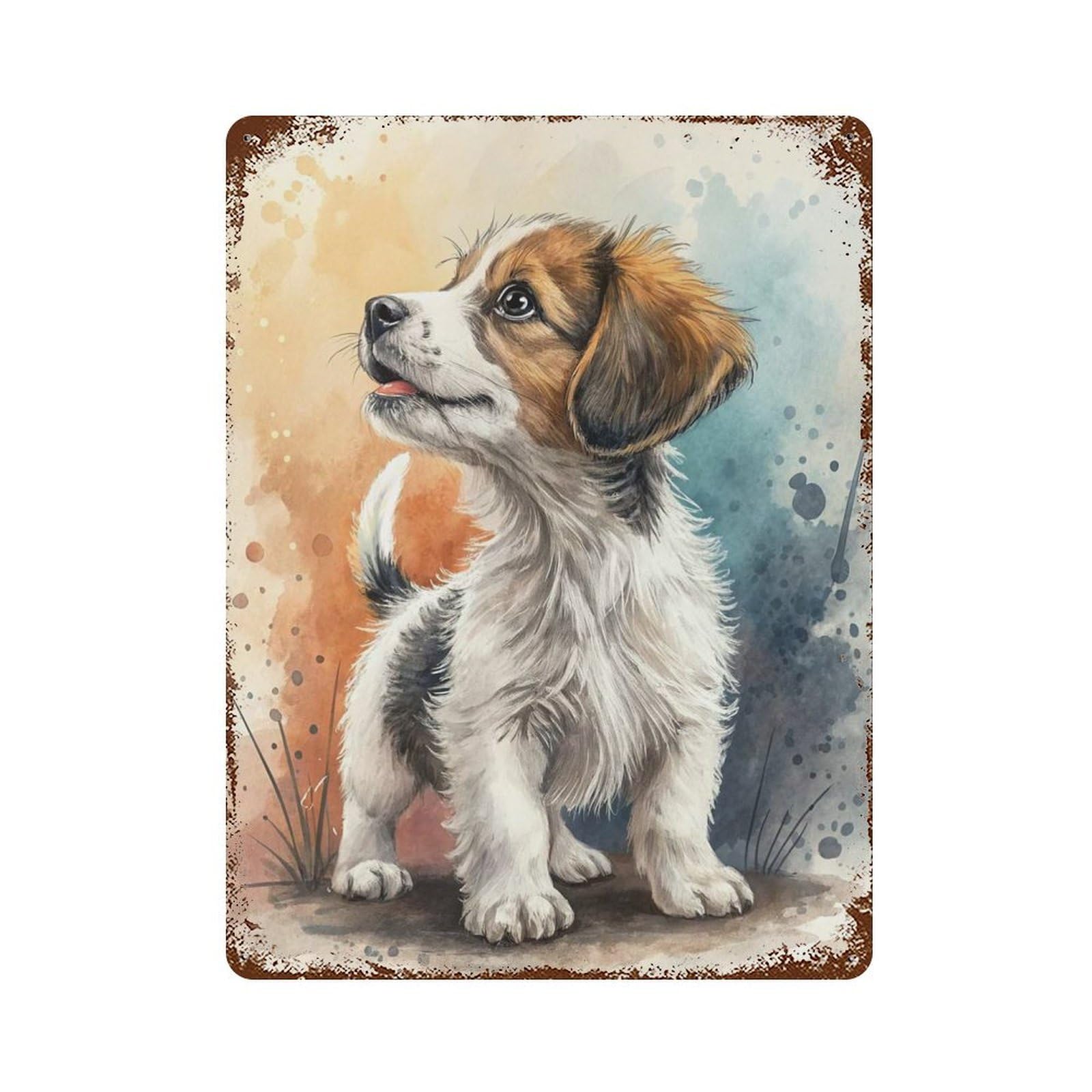 Rust Effect Watercolor Puppy Portrait Aged Metal Wall Plaque 15.7"x11.8", Shabby Chic Decor for Living Room, Hallway And Home Decor