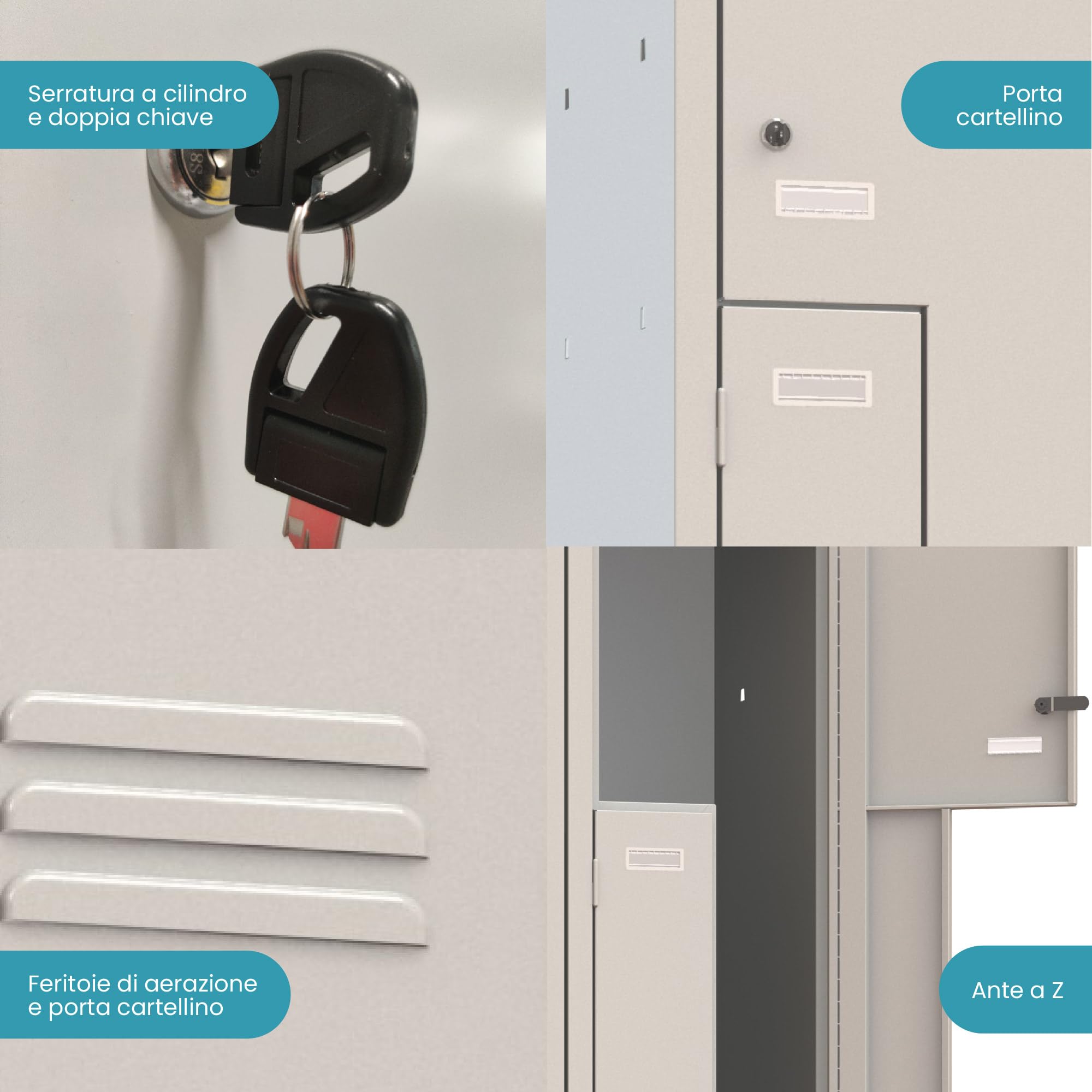 XLOCKERS Armadio Spogliatoio Monoblocco Ante a Z, 4 Posti, in Metallo, 690x500x1800 mm, Colore Grigio RAL 7035. Con Imballo di Sicurezza.