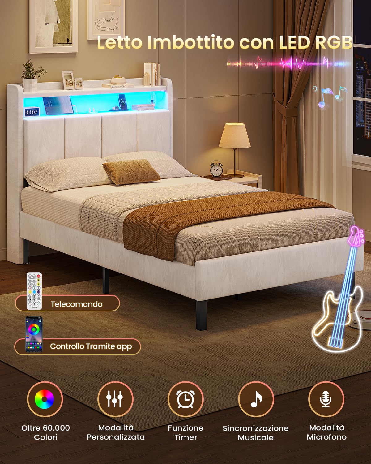 AOGLLATI Letto Singolo con Contenitore 90x190, Letto Singolo Imbottito con Ampio Spazio di Stivaggio, Struttura Letto Contenitore con Luci LED Regolabili e Stazione di Ricarica, Velluto Beige