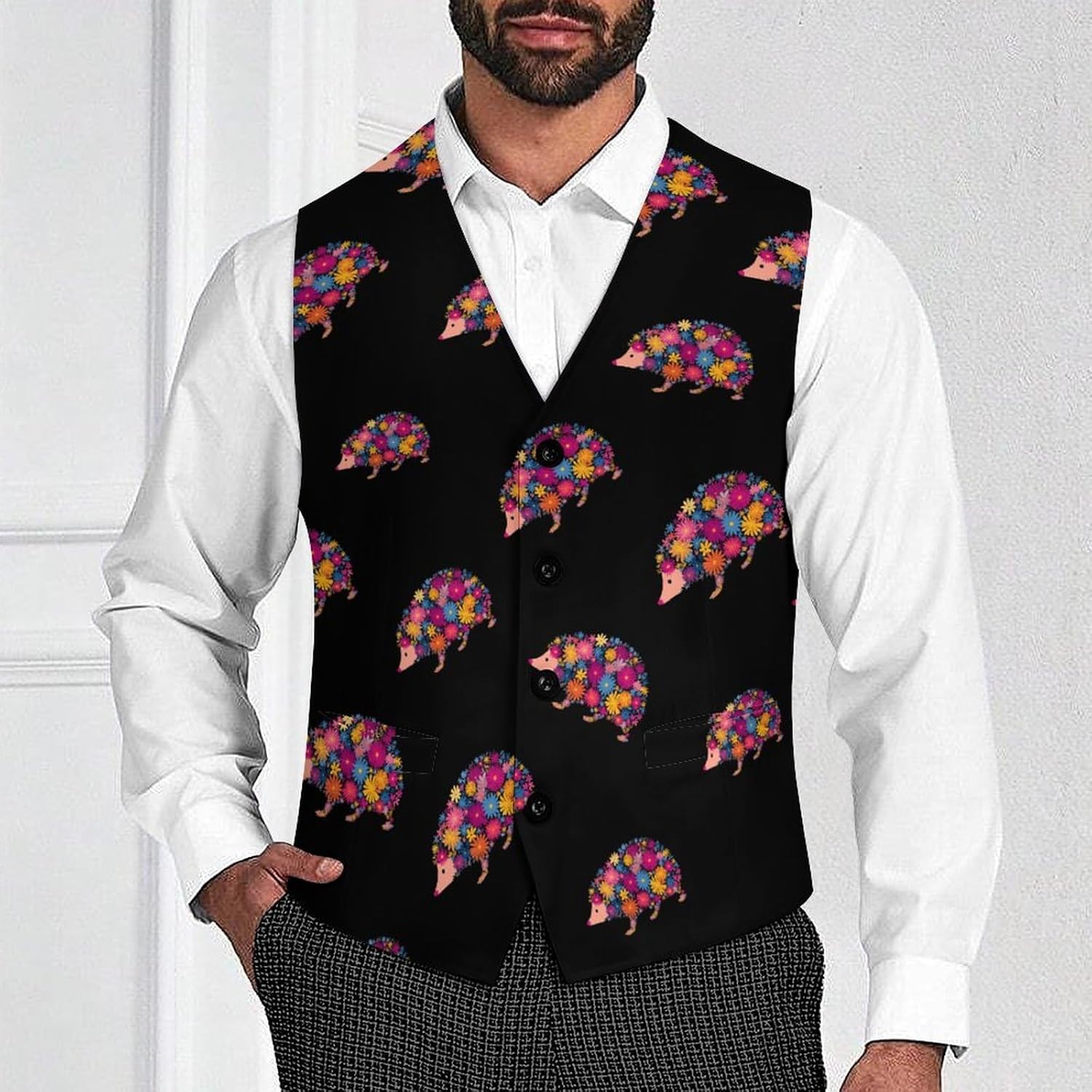 Flower Hedgehog Casual Men's Business Suit Vest Slim Fit Formal Dress Waistcoat Vests