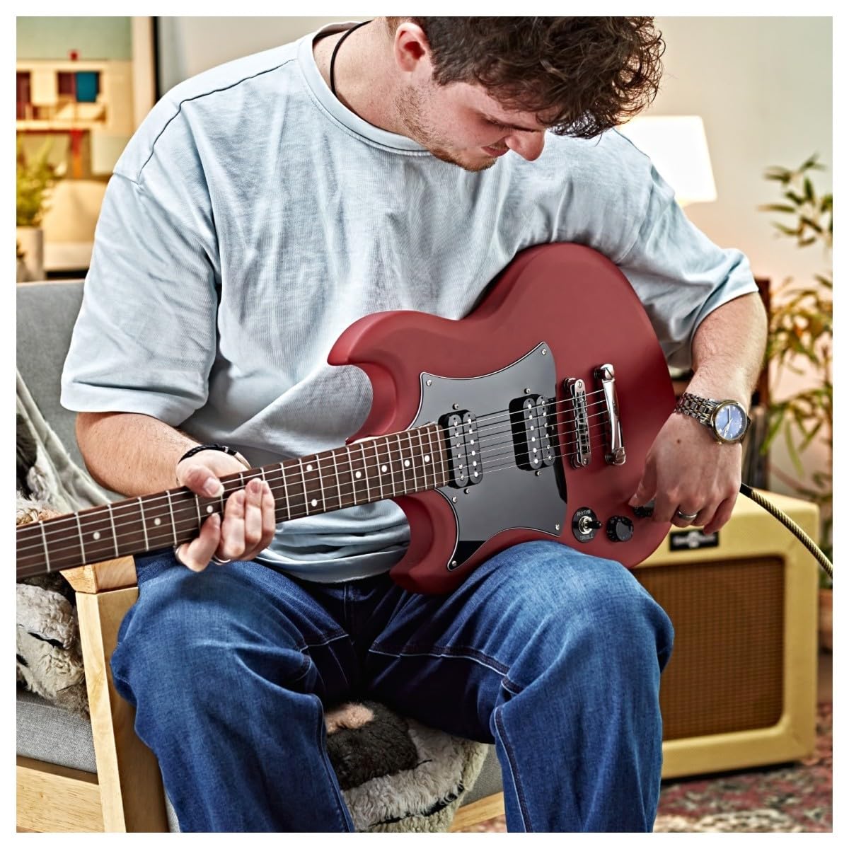 Chitarra Elettrica Brooklyn per Mancini + Ampli 15W, Rossa | Ampli Portatile con EQ 2 Bande e Uscita Cuffie, Manico Comodo e Corpo Leggero, Set Completo di Accessori Incluso