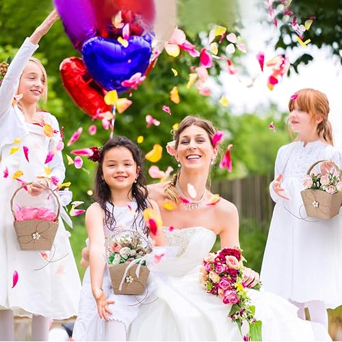 Miniatura 5 de Vosarea Cesta de flores para niña, cesta de flores de boda, lazo de encaje rústico occidental, cesta de arpillera de boda, bolsa de regalo para