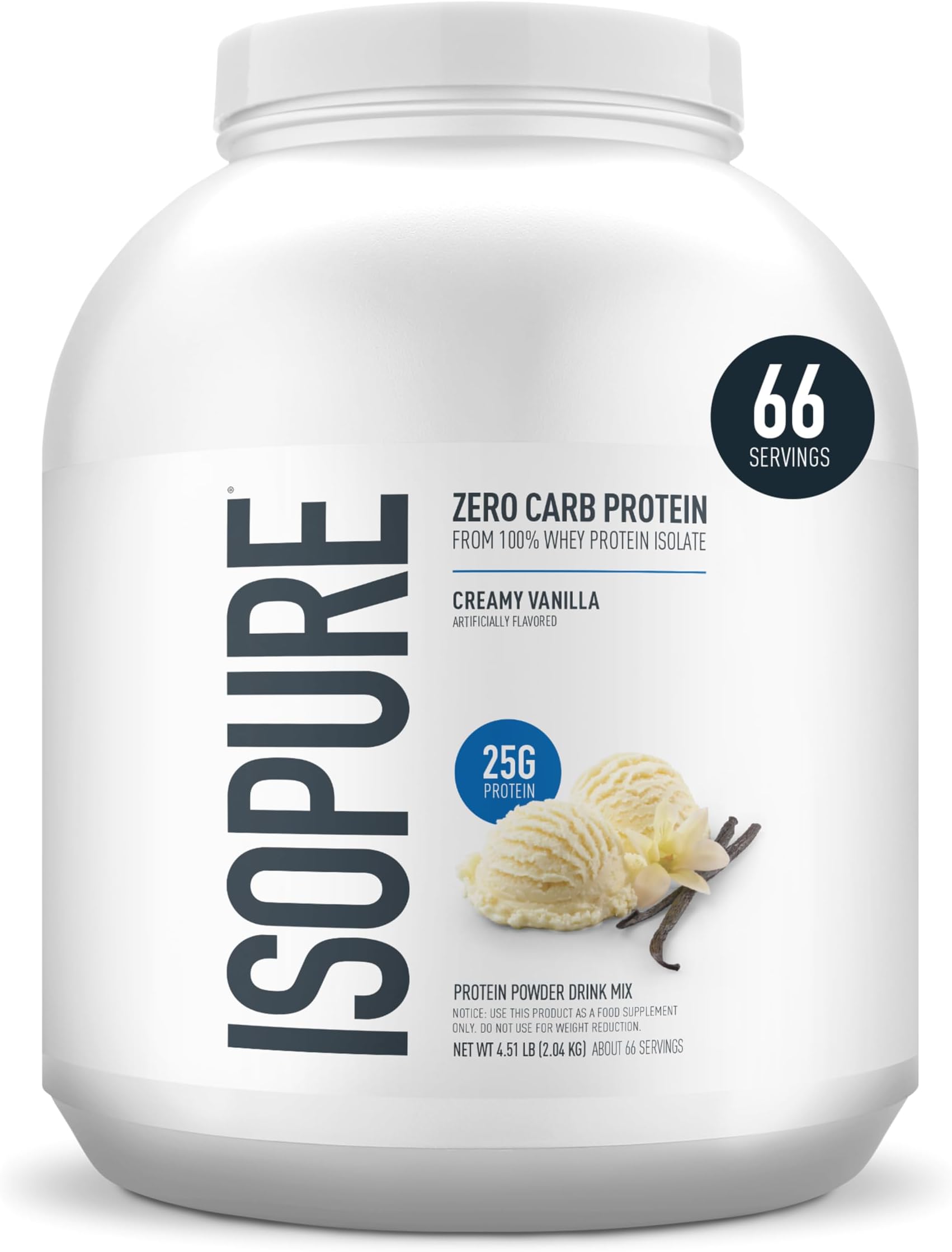 Isopure Zero Carb 100% Pure Whey Isolate Protein Powder, Gluten Free, With Vitamins, Creamy Vanilla, 25g Protein Per Serving, 4.5 Lbs, 66 Servings (Packaging May Vary)