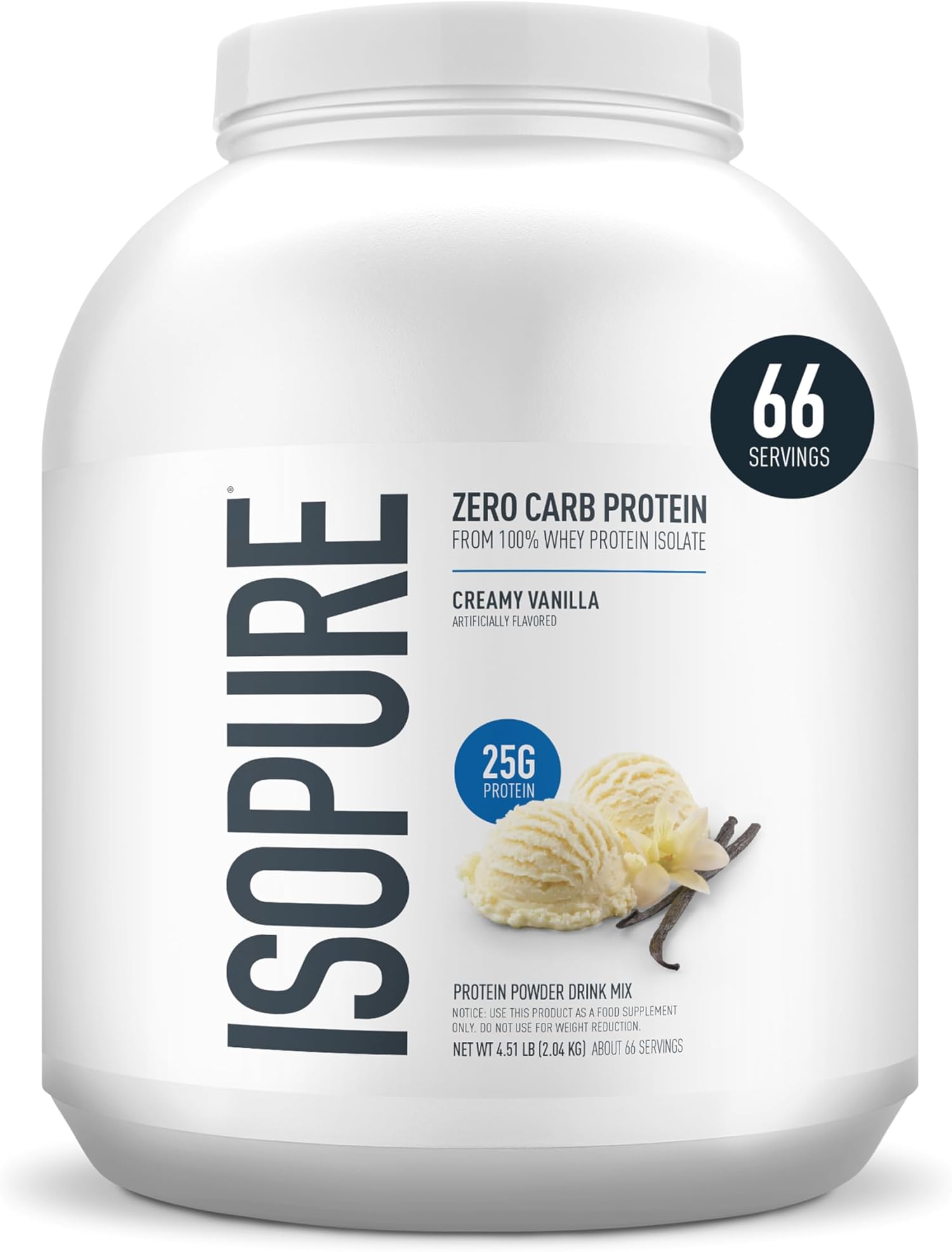 Isopure Zero Carb 100% Pure Whey Isolate Protein Powder, Lactose Free, Gluten Free, With Vitamins, Creamy Vanilla, 25g Protein Per Serving, 4.5 Lbs, 66 Servings (Packaging May Vary)