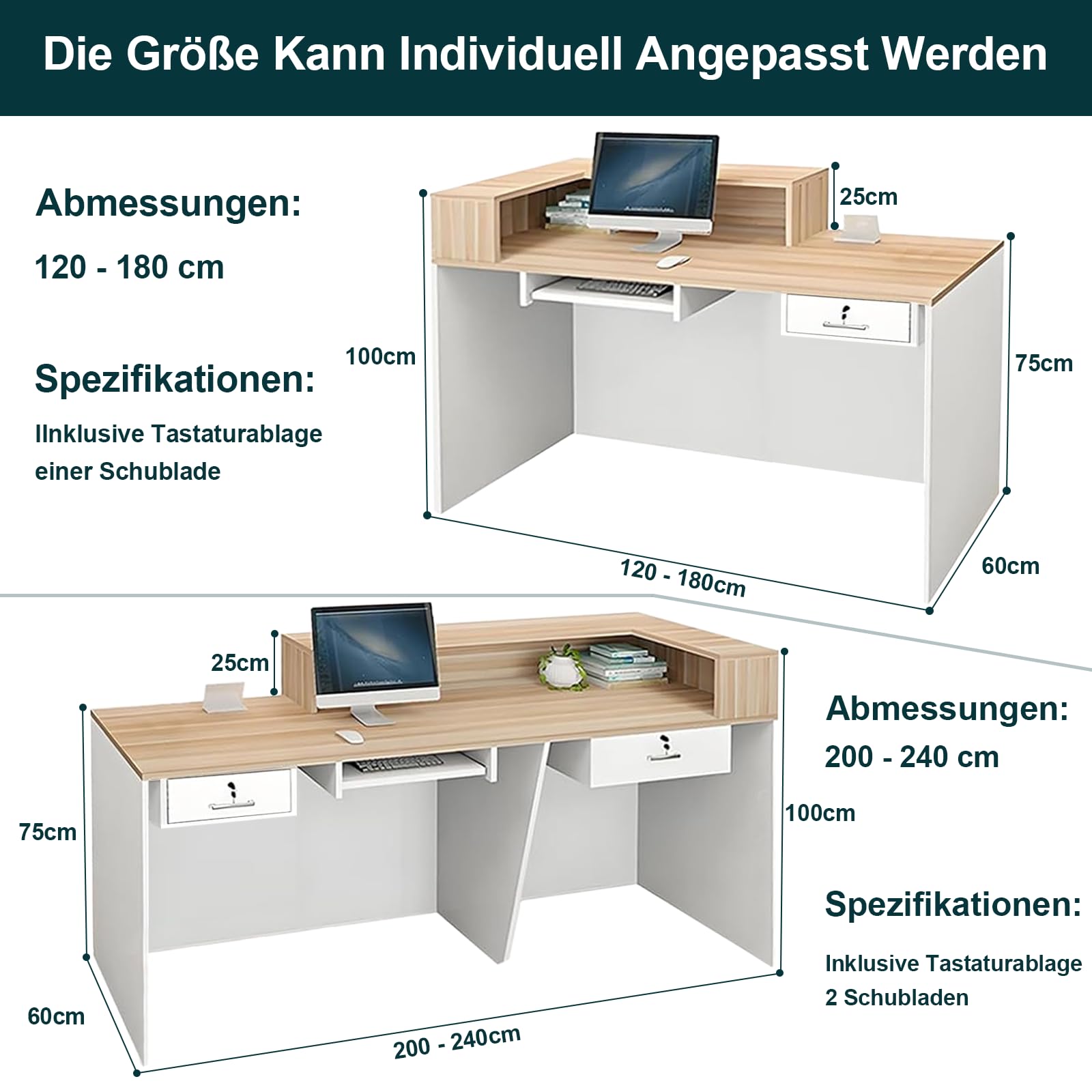 Empfangstresen für Praxis Moderne Empfangstheke aus Holz 160x60x100cm Kleinere Rezeptionstheken für Büro Boutique Spa Weiß–Schwarz–Links
