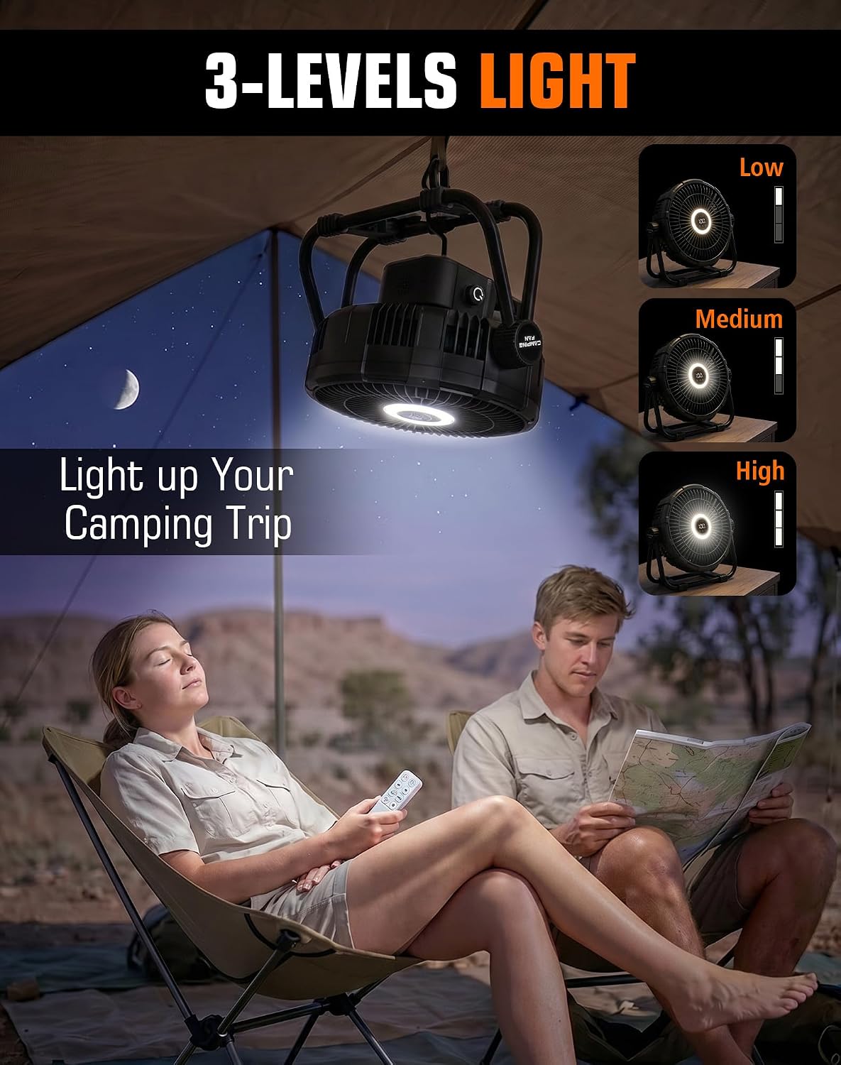 10" Plug-in Portable Camping Fan, Floor Fan with Stepless Speed, LED Light, Remote Control, 270° Rotation & 1-12h Timer for Indoor Bedroom Office & Outdoor Camping, Tent, RV