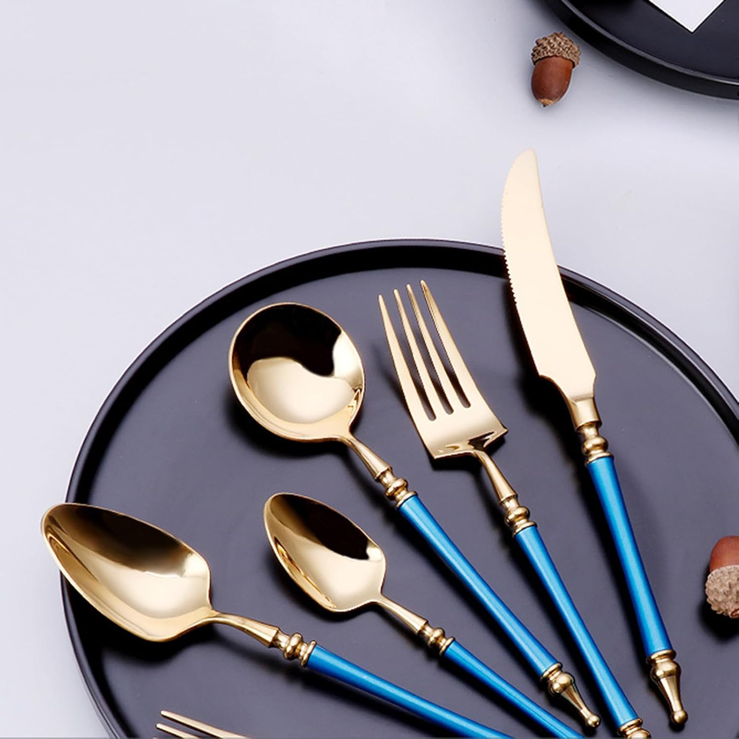 24 Piece Gold Silverware Set 18/10 Stainless Steel Gold Flatware Set Service for 4, Tableware Cutlery Set for Home Kitchen Restaurant, Dinner Forks/Spoons/Knives, Polished (Blue Handle)