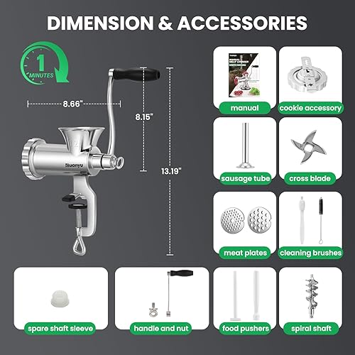 Miniatura 7 de Huanyu Picadora manual de carne de alta resistencia, máquina de pulir carne de manivela de acero inoxidable con accesorios para hacer galletas #12S