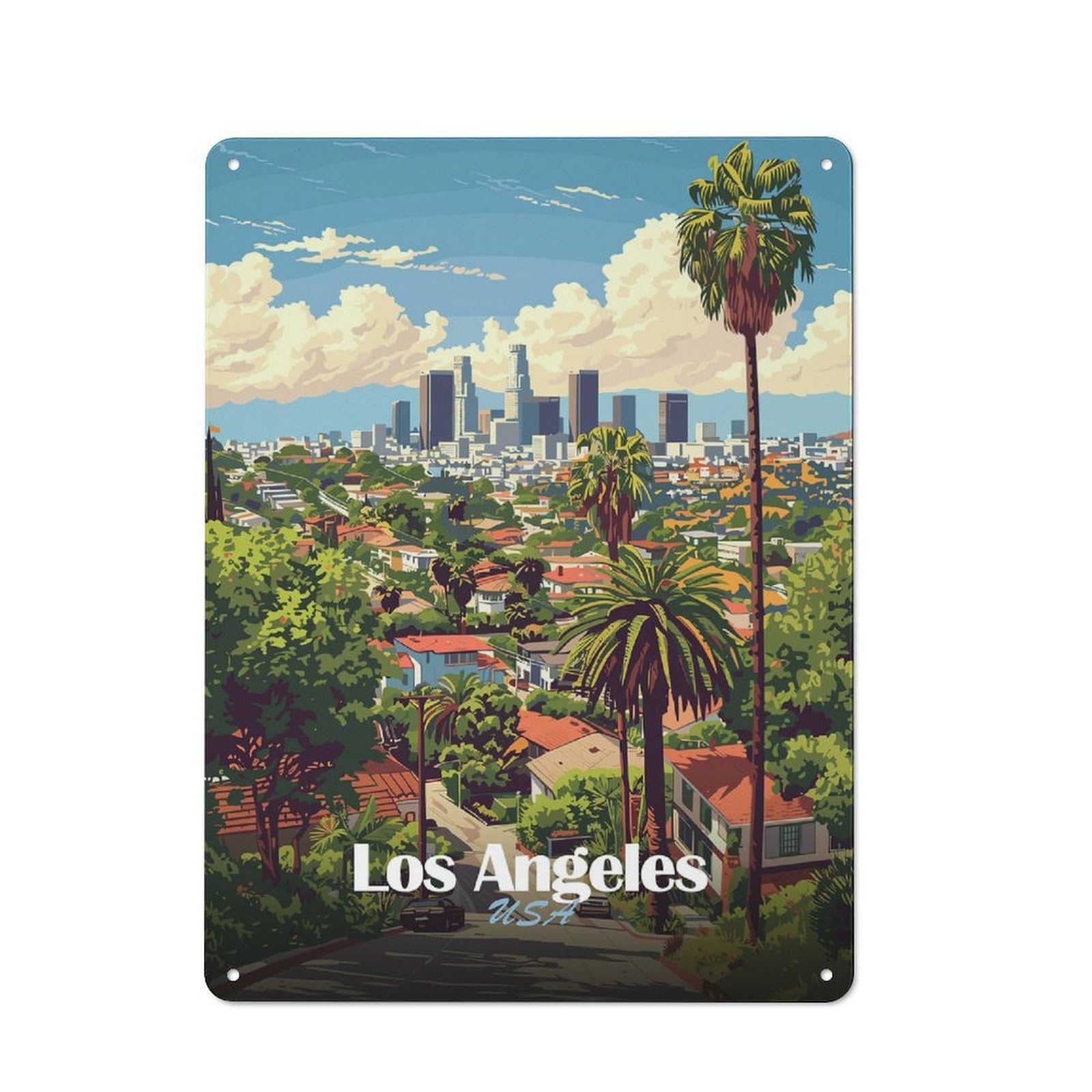 Junmoney Los Angeles Cityscape Illustration Country Vintage Metal Wall Decor 40X30cm, Decorative Tin Sign For Cottage, Kitchen, Hallway Or Breakfast Nook