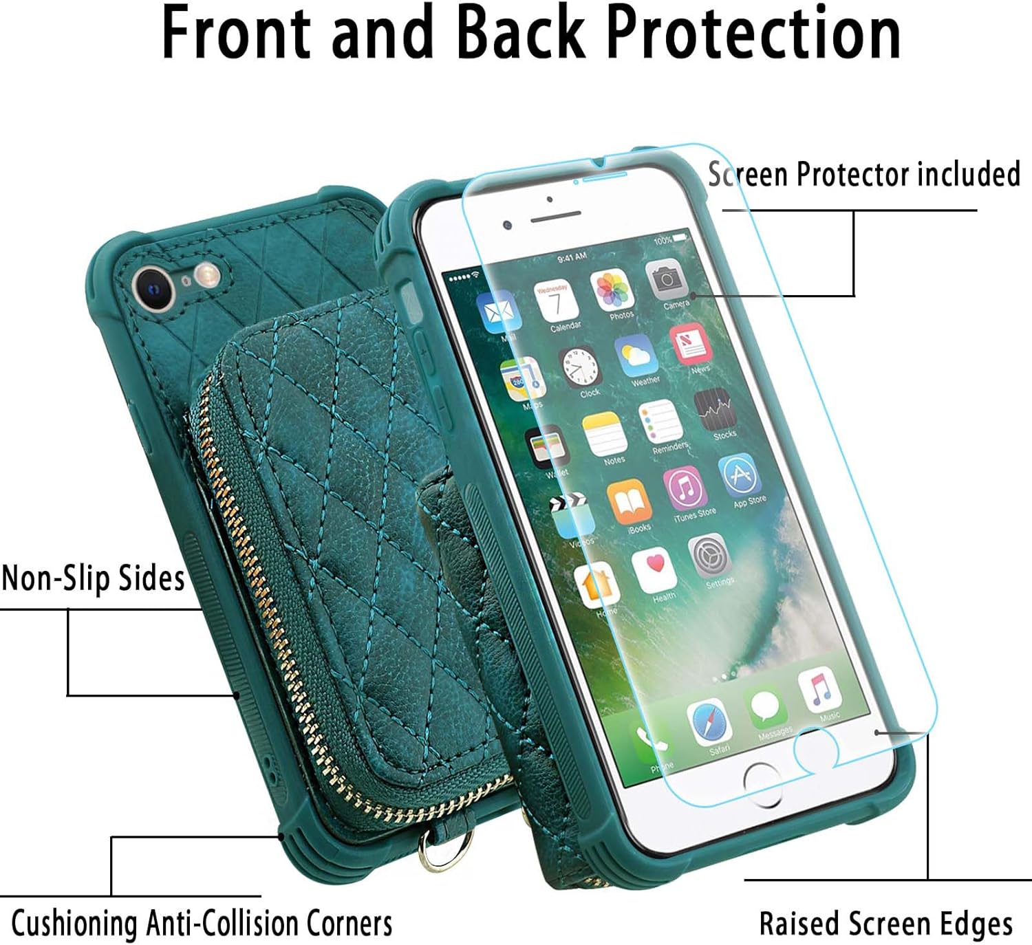 MONASAY Zipper Wallet Case Fit for iPhone SE 2022/2020/8/7, [Glass Screen Protector ][RFID Blocking] Flip Leather Handbag Phone Cover with Card Holder & Crossbody Lanyard Strap, Dark Green