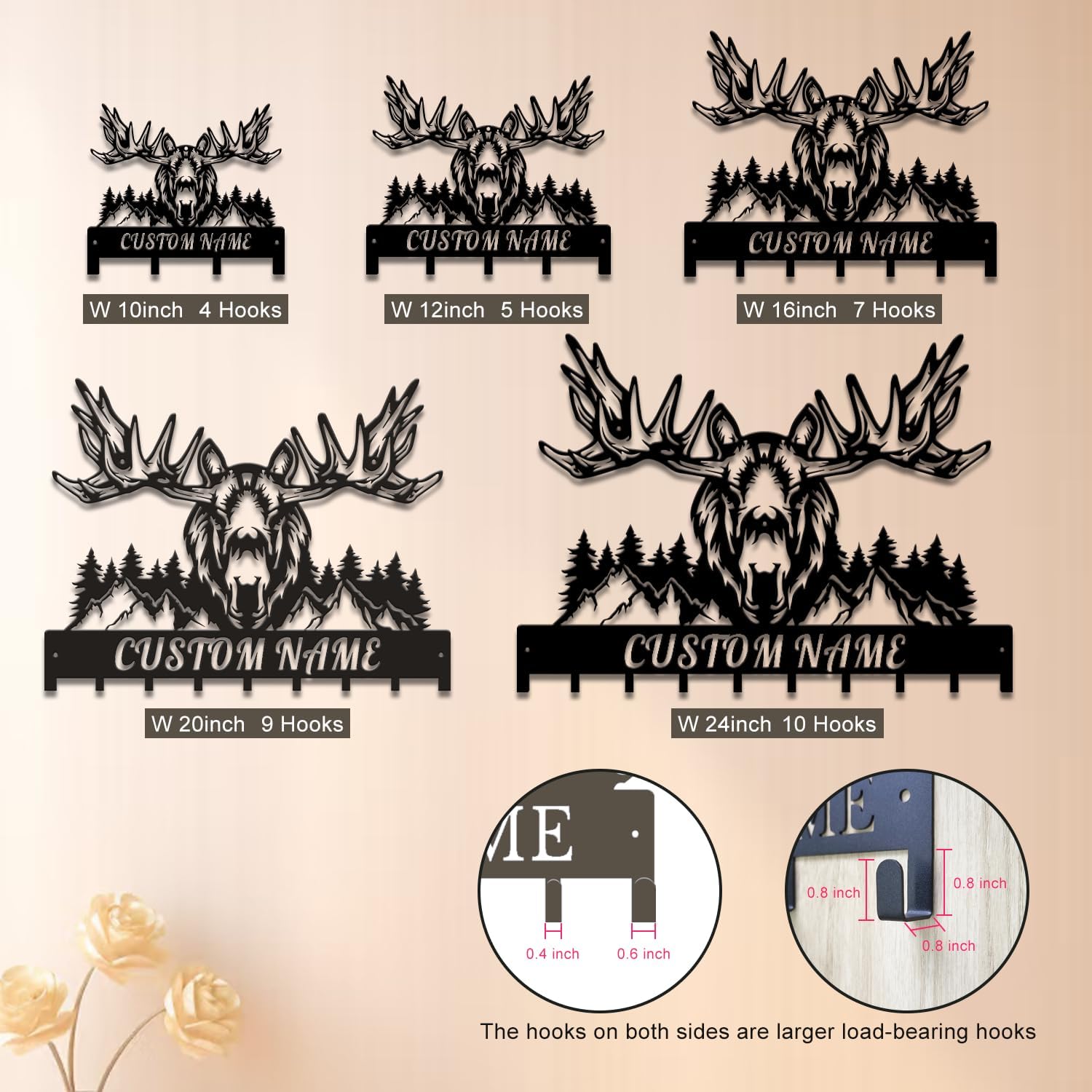 Personalized Moose Metal Key Holder, Forest Moose Key Rack & Coat Hook, Custom Rustic Entryway Organizer, Wildlife Nature Art, Hunting Cabin & Lodge Decor (Style-4)