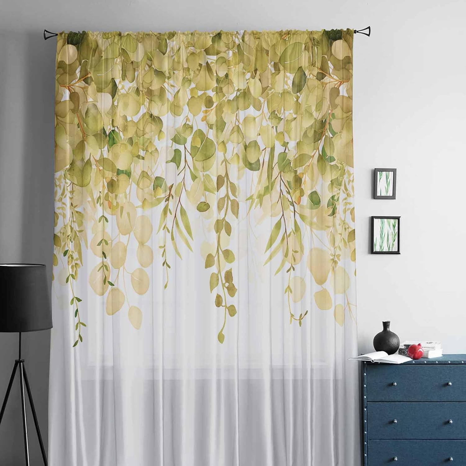 Watercolor Plants Semi Sheer Curtains Drapes for Living Room,Bedroom,French Doors Window 96 Inches Long,Rod Pocket Chiffon Curtain Drapery Voile Draperies Panel Retro Spring Yellow Eucalyptus Leaves