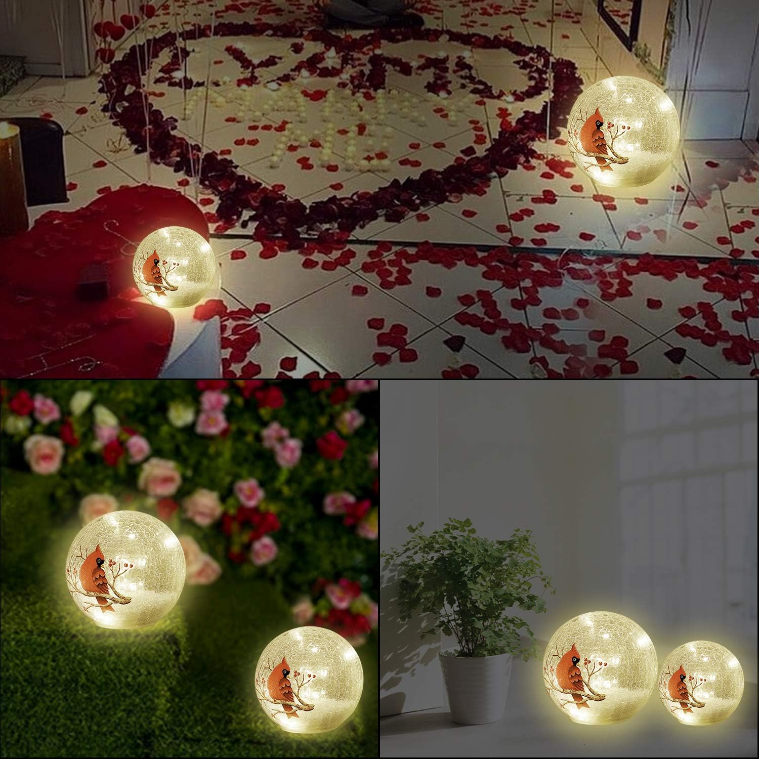 Crackle Glass Cardinal Lamp Battery Operated Globe Lamp for Women Stylish Cardinal Decor Ornaments Red Bird Pattern Stained Glass Mother's Day Gifts 2 Pack (6in & 5 in) (No Timer) - Image 3