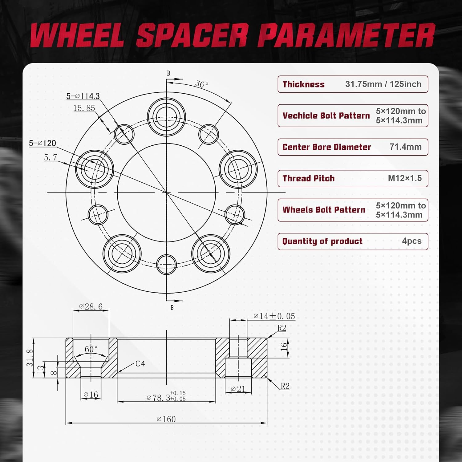 BDFHYK 5x120mm to 5x114.3mm Wheel Bolt Pattern 1.25 inch 5x4.75 to 5x4.5 Convert Wheel Spacer Compatible with Camaro Jimmy Riviera,5 Lug Wheel Adapters M12x1.5 & 74 mm Hub Bore, Set of 4