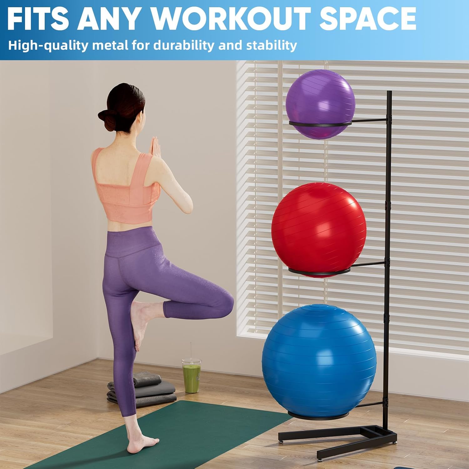 3-Tier Yoga Ball Holder with Vertical Storage - Exercise Ball Rack for Stability Balls and Gym Equipment, Ideal for Home and Commercial Use