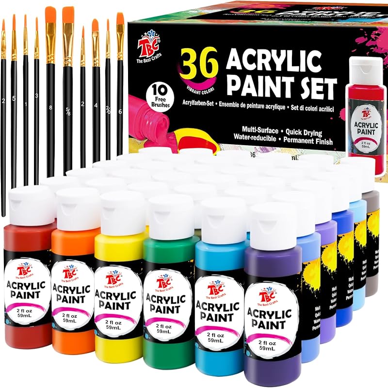 TBC The Best Crafts 36 darabos akrillfesték készlet 60 ml + 10 ecset, vízálló