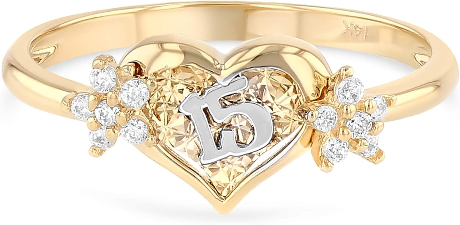 Ioka - 14K Solid Two Tone Gold Sweet 15 Years Quinceanera Ring, Birthday, Cubic Zirconia (CZ) Heart Shape, Hypoallergenic, Real Quince Años de Oro, Perfect Present Gift for Daughter Sister,