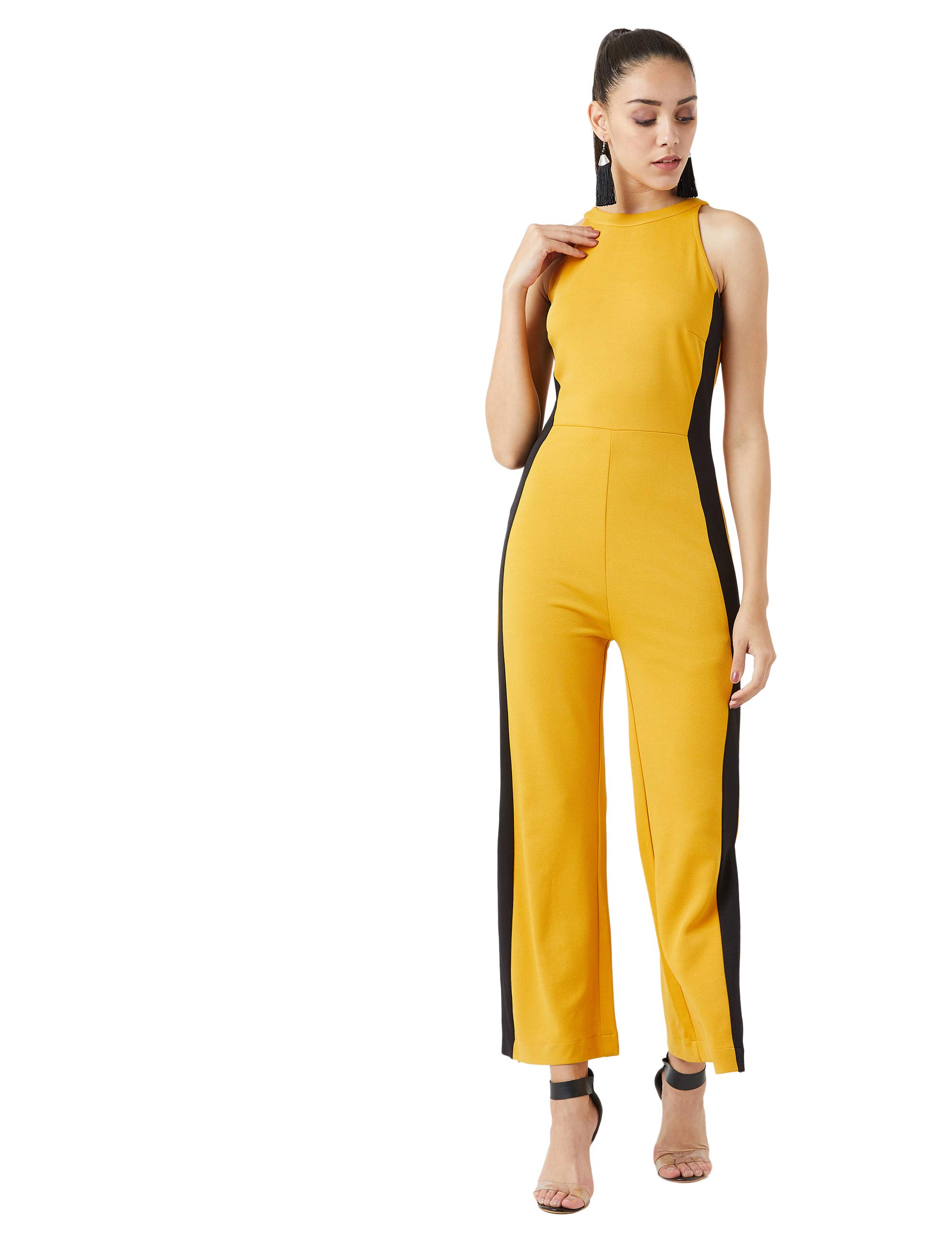 Miss Chase Women's Forest Green & Black Solid Halter Neck Sleeveless Paneled Flared Jumpsuit with Side Slits