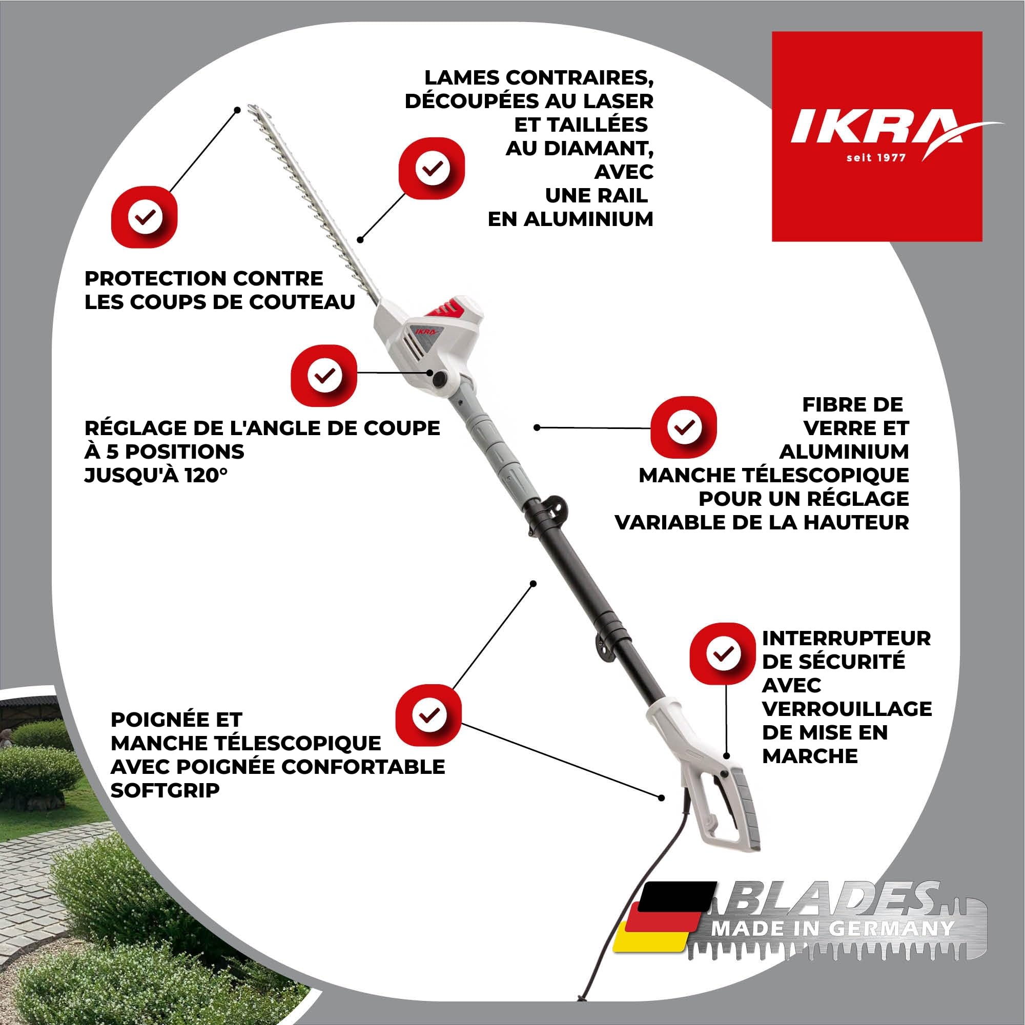 IKRA taille-haie télescopique électrique ITHS 600, longueur de coupe 51 cm