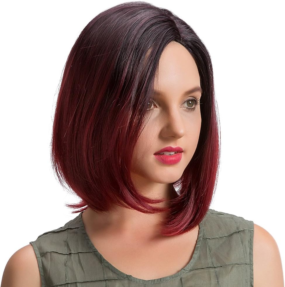 Medium Bob Wig - 14 Inch Black Burgundy Soft Silk Synthetic Wig Cosplay Party Wig for Women