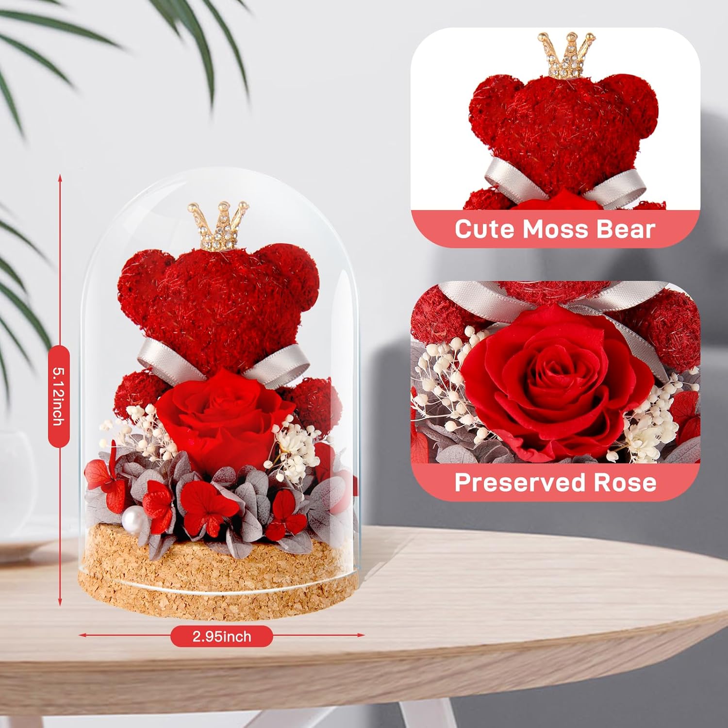 Preserved Rose Flowers Gifts for Her, Real Forever Rose in Glass Dome with Adorable Bear for Girlfriend,Mom,Wife,Grandma on Birthday Anniversary Valentine's Day (Red) - Image 2
