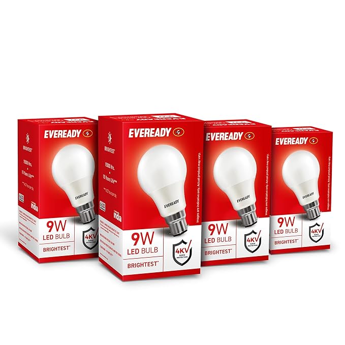 Eveready 9W LED Bulb, Cool Day Light (6500K), B22 Base, Energy-Efficient, 4kV Surge Protection, Long-Lasting Durability - Pack of 4