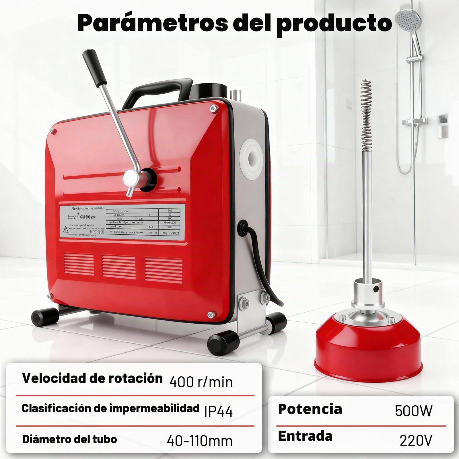 KAOLALI 500W Desatascador de Tuberías Eléctrico, Máquina de Limpieza de Desagües Electrico con 6 Cabezales de Limpieza, para Tuberías de 40 a 110 mm de Diámetro