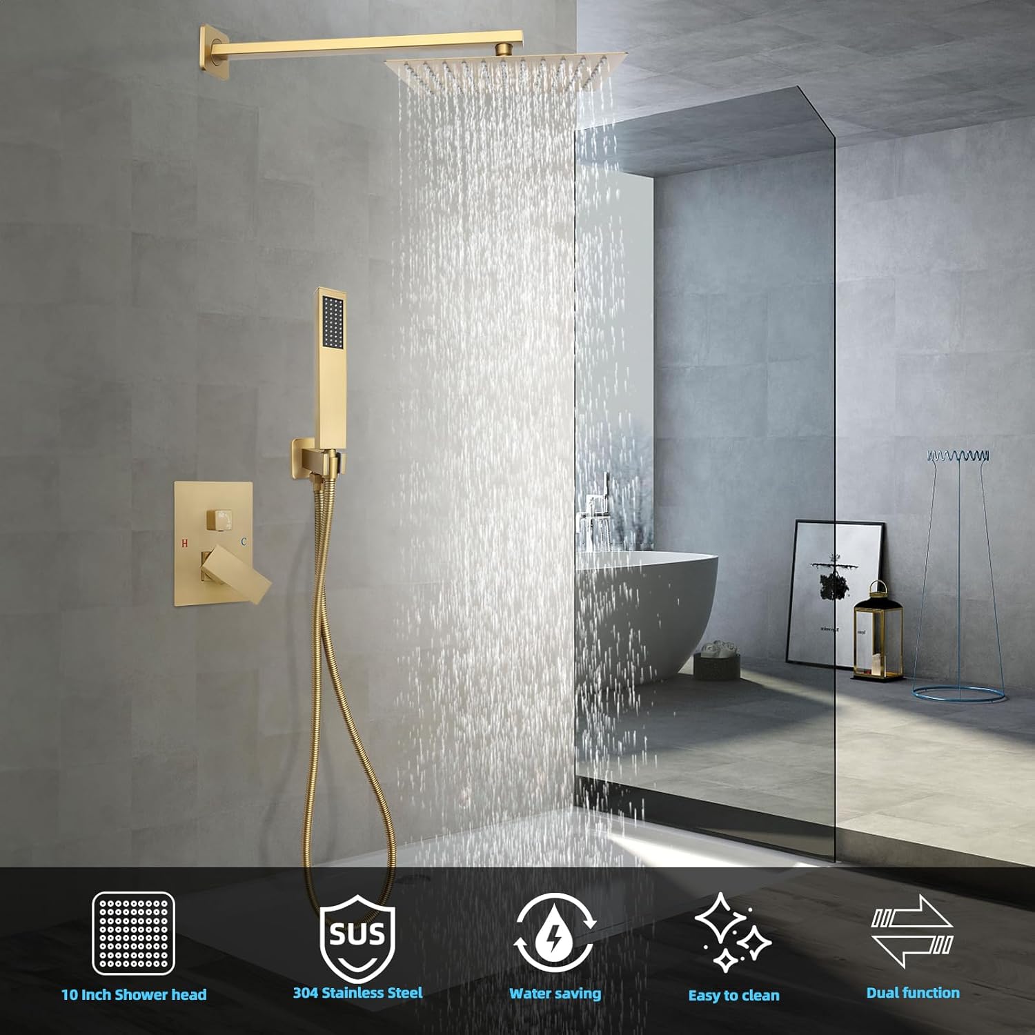 Bathroom Shower Faucet Set，10 Inch Rain Shower Head with Handheld Spray，Brass Shower Valve Trim Kit，Wall Mounted Square Rain Shower System (Brushed Gold)