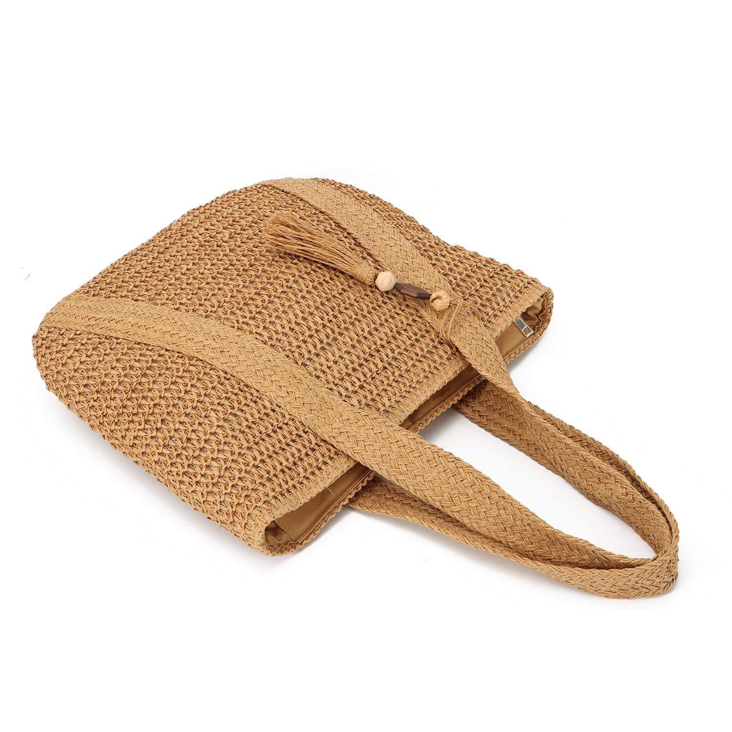 EVEOUT Sac à bandoulière en paille pour Femmes Filles Sac à main d'été en paille Cabas Sac de plage tissé pour vacances voyages(Marron clair 02)