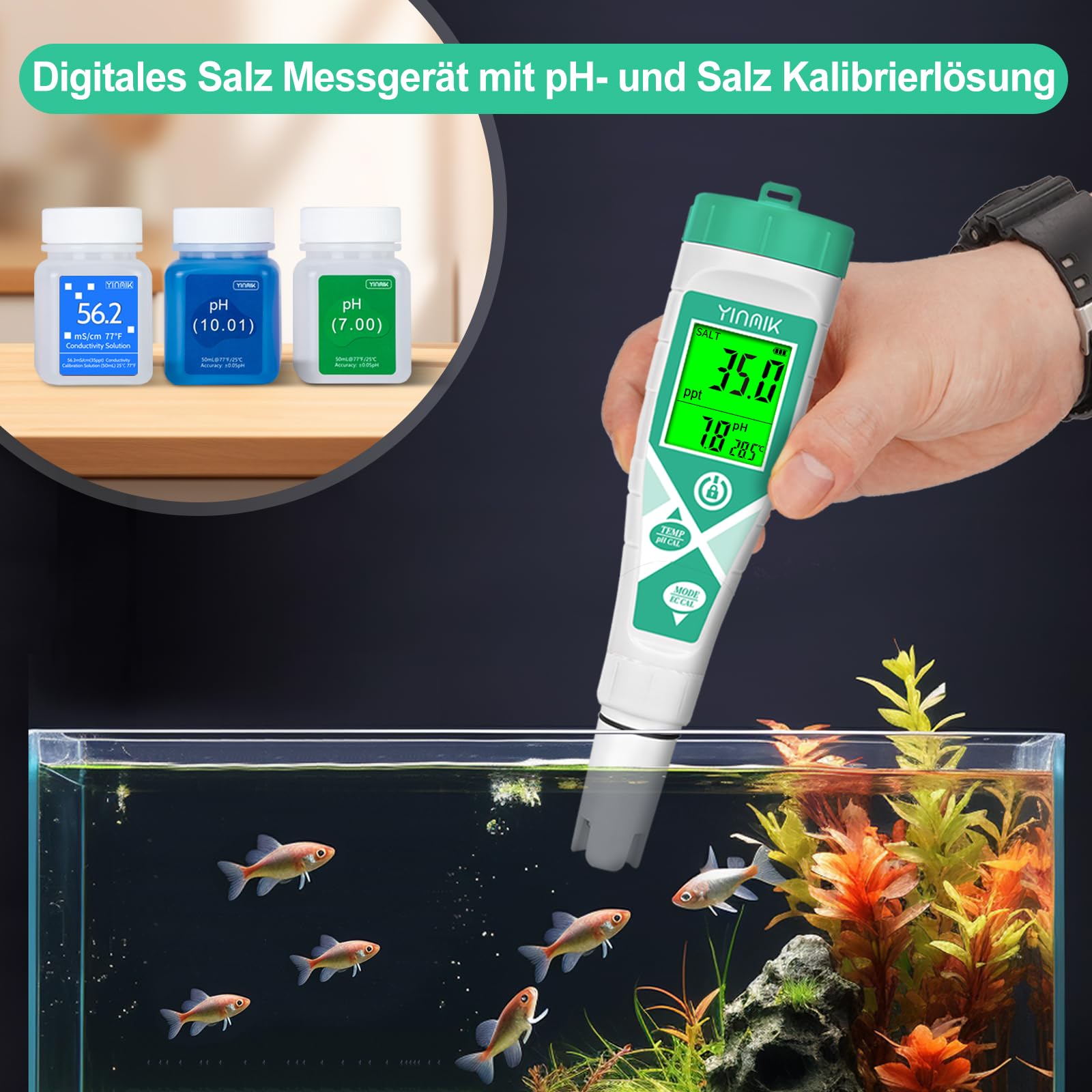 Meer Aquarium Salz Tester, Wasser pH Messgerät, TDS EC Messgerät für Süßwasseraquarien, Digitales Leitfähigkeits Messgerät, pH TDS für Koiteiche, Riffaquarien, Aquaponik PPM pH EC Salzgehalt Lesegerät