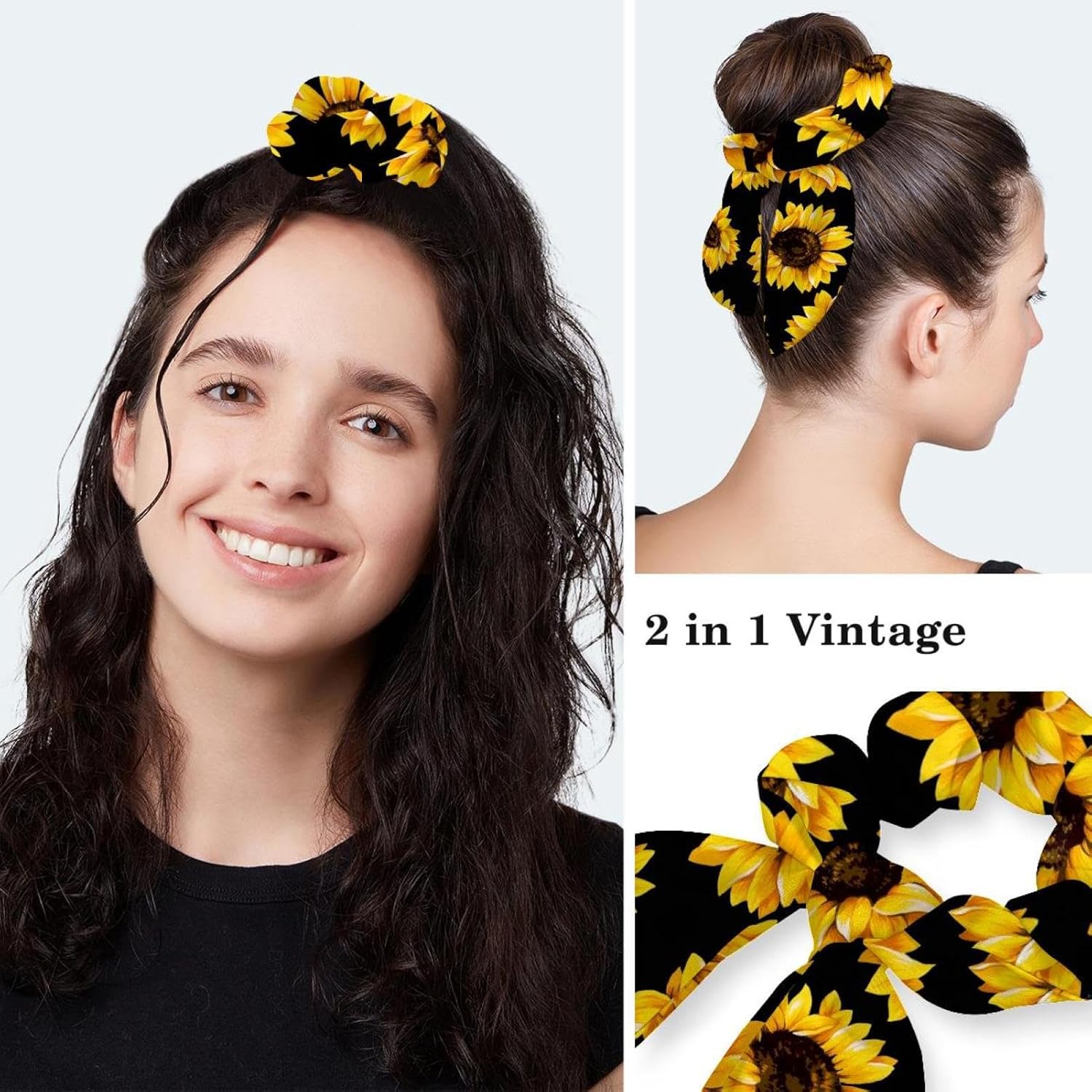 Adjustable Working Cap with Hair Ties Scrunchy with Ponytail Pocket Elastic Tie, Sunflower Black Pattern - Image 5