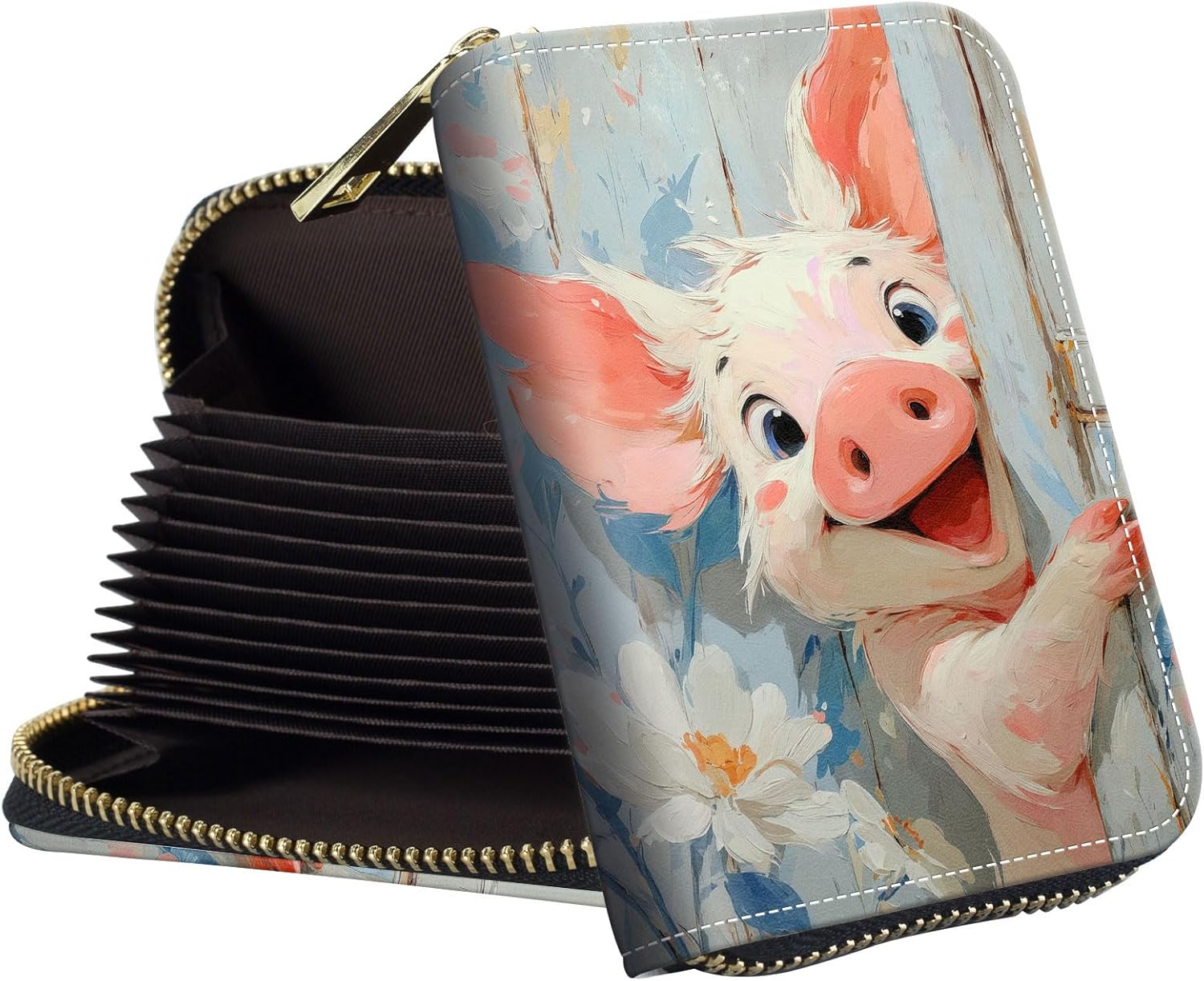 Slim Zipper Card Wallet for Women — RFID Blocking Mini Wallet, PU Leather Small Credit Card Holder & Coin Pocket, Travel-Friendly Card Organizer, Pig