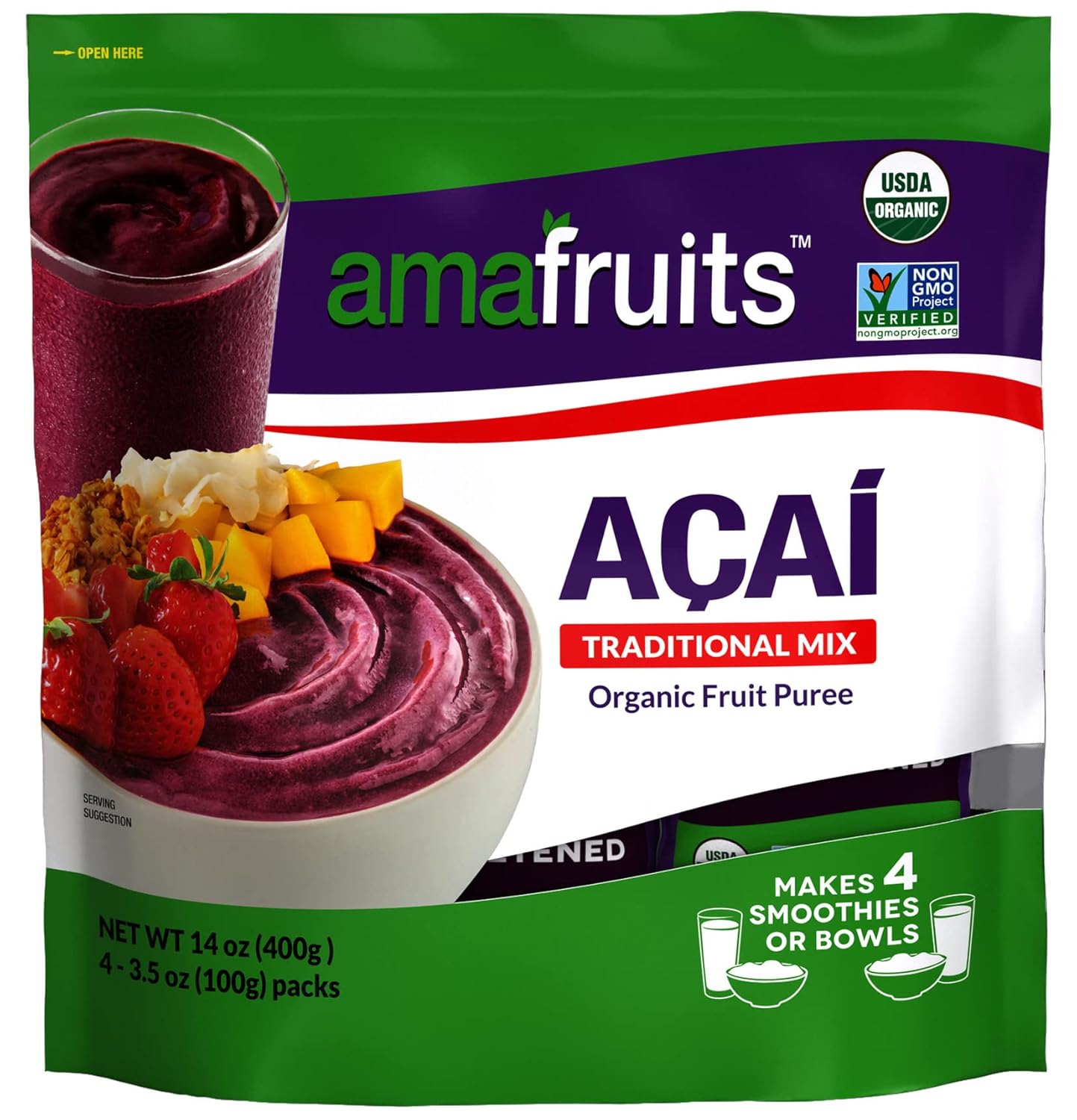 Amafruits Acai Berry Frozen Puree Traditional Mix Smoothie and Bowl Packs | USDA Organic | Non-GMO Certified |Antioxidant Rich Superfruit | 6 Mulit-Pack Bags with 24 Packs x 3.5oz