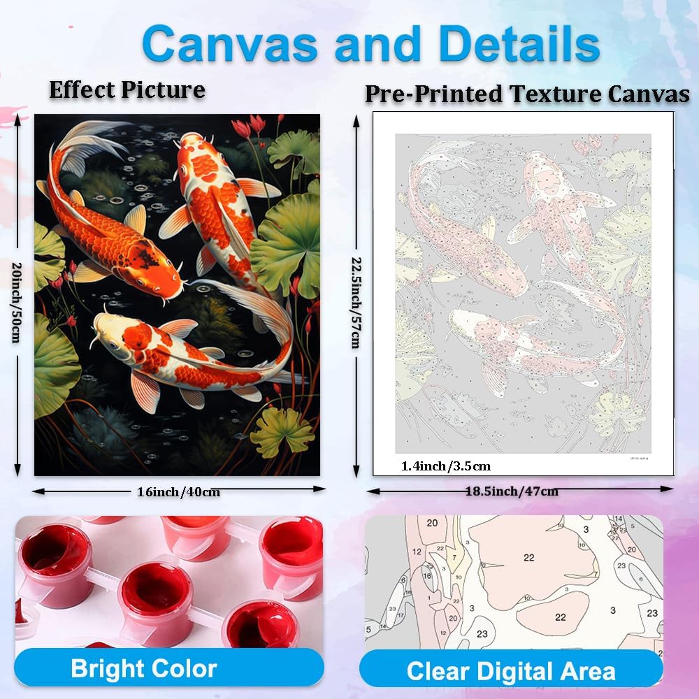 Artunion Koi Fish Paint by Numbers Kit for Adults,Fish Animals Paint by Number Kits, DIY Oil Painting Paint by Number Kits on Canvas Arts Craft for Home Wall Decor 16x20 Inch